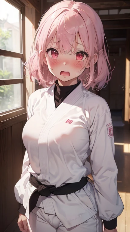 mastute piece,Best Quality,insanely detailed,8k cg,nsfw,
(shoot upper body:1.3),
(1girls:1.3),standing,looking at viewr,body in front,(arms behind back:1.4),(Judo uniform:1.3,doges:1.3),judo:1.3、BREAK,
blush,shy,(ecstasy face),(trembling:1.2),BREAK,(light gray hair:1.3),
BREAK,
perfect breasts,perfect teats,(open mouth:0.9),(large breasts:1.2),
(judo dojo),judo道場、