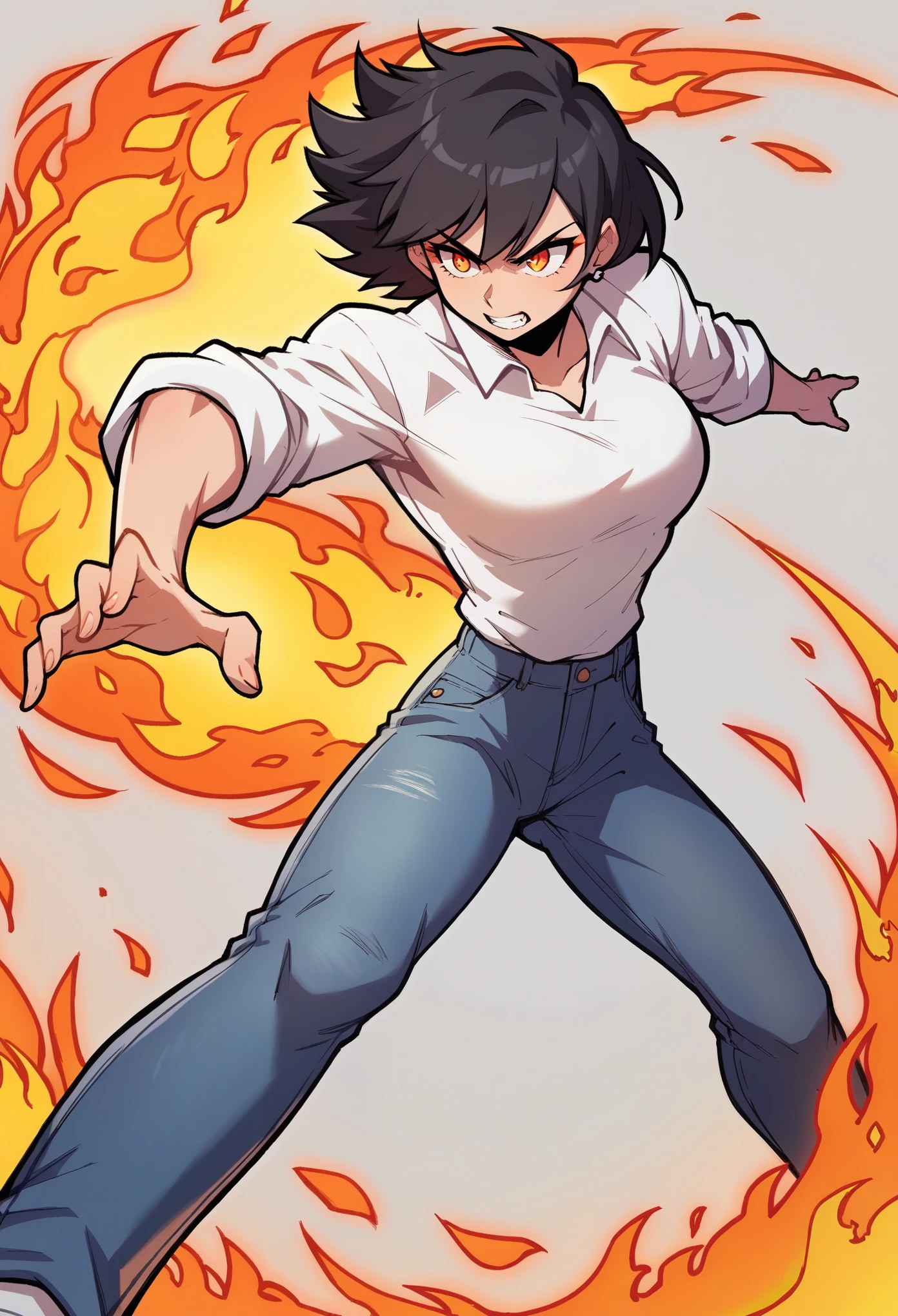 source_anime, score_9, score_8_up, score_7_up, score_6_up, art of bone nig, linear hatching, Dynamic action pose, anime-style female character, fiery energy swirl, exaggerated foreshortening, intense expression, short black hair, casual outfit with rolled-up sleeves, white shirt and jeans, vibrant fire effects, bold outlines, energetic and powerful movement, minimal background.
