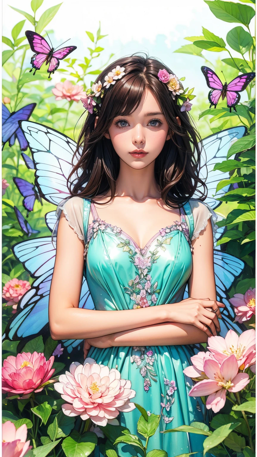 Beautiful girl in a fairy costume, Surrounded by flowers and butterflies. content: Watercolor. style: Whimsical and delicate, Like an illustration in a children&#39;s book.