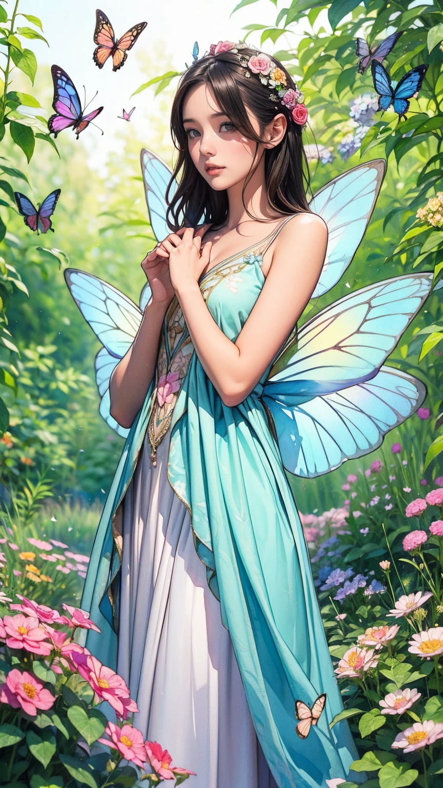 Beautiful girl in a fairy costume, Surrounded by flowers and butterflies. content: Watercolor. style: Whimsical and delicate, Like an illustration in a children&#39;s book.