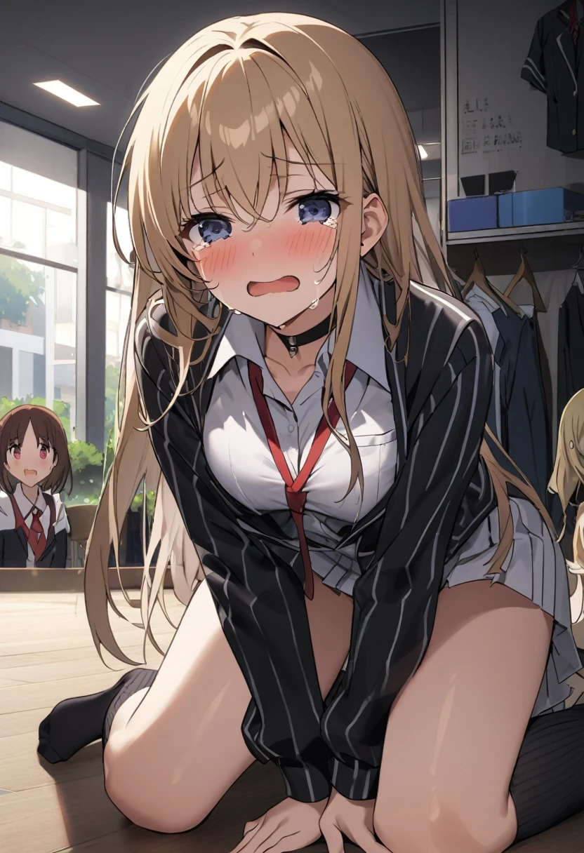 1girl,long hair,blonde hair,yellow eyes,long hair,curly hair,vibrator in thights,black tights,naked,collar,leash,embarrasment,looking away,blush,at the school empty corridor
