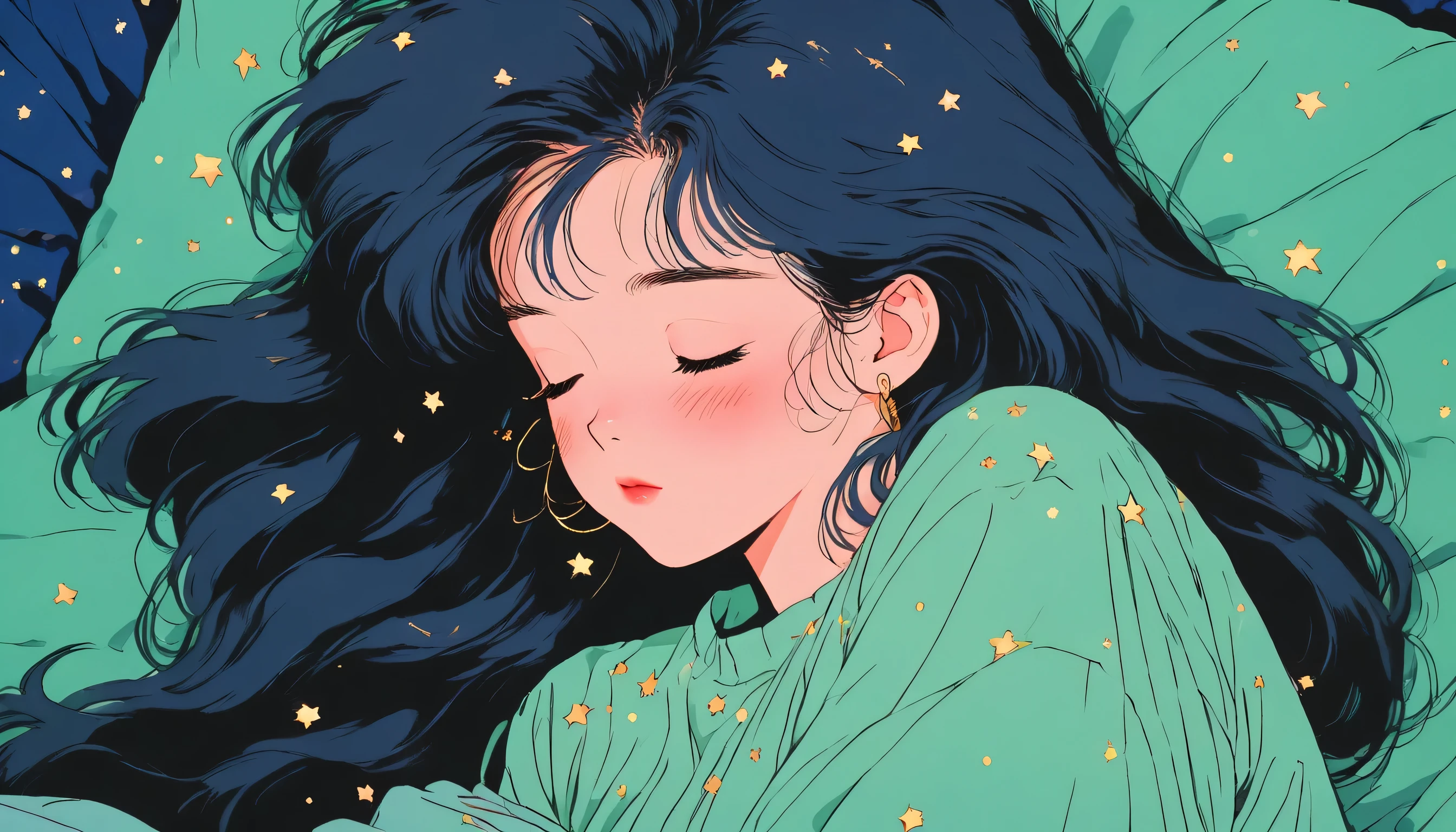 90's anime style, 1990s style, clear, 1980s style, (blush:1.7), the highest quality, 8k, close up, lofi girl, lofi art, lofi feeling, very big eyes, sleeping girl, a green straight-haired hair cute sleeping on a pillow, dark blue background with no other elements except tiny gold glitters, wearing night dress, eyes closed, 1 girl, Only