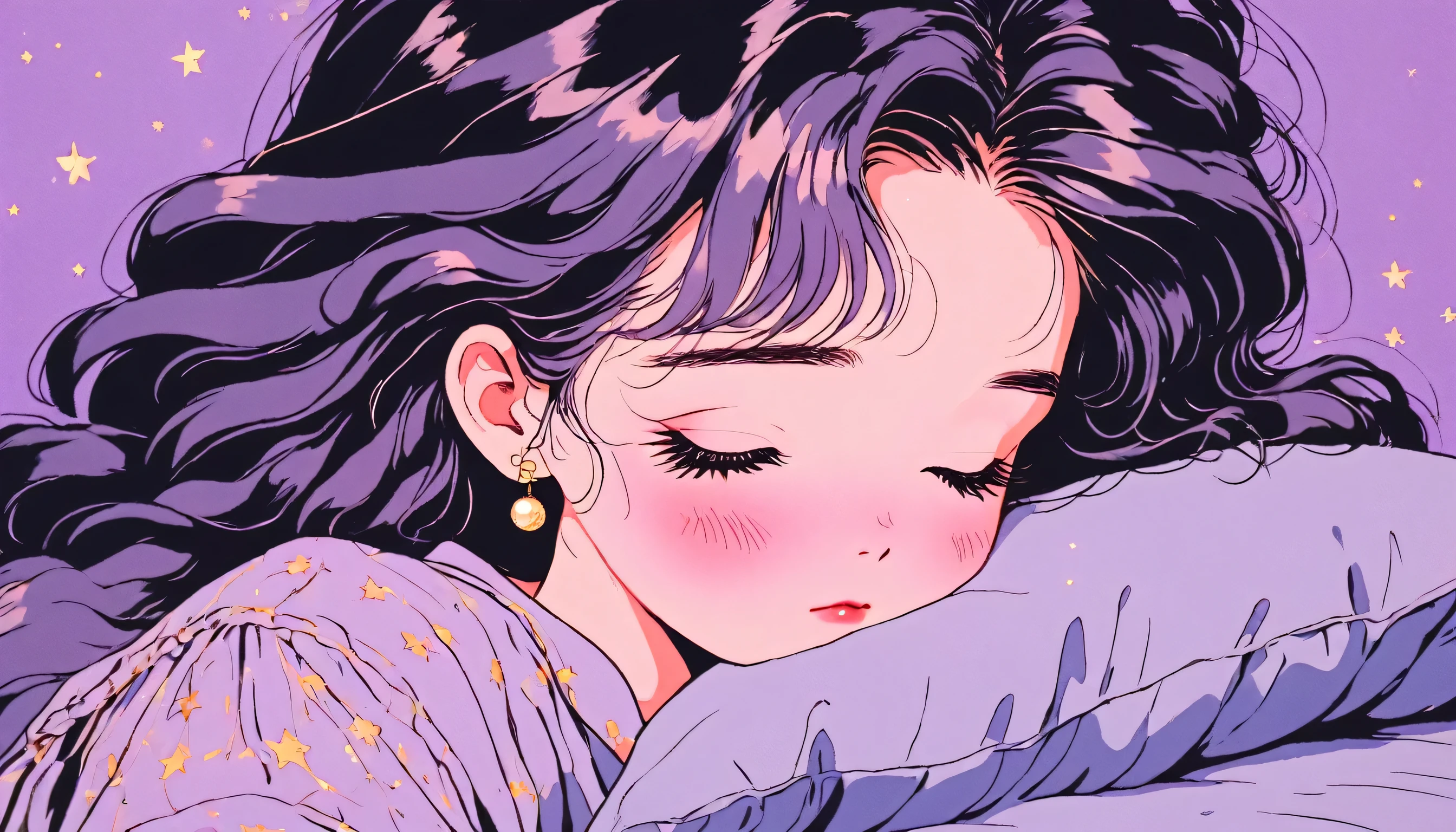 90's anime style, 1990s style, clear, 1980s style, (blush:1.7), the highest quality, 8k, close up, lofi girl, lofi art, lofi feeling, very big eyes, sleeping girl, a purple braided hair, cute, sleep with her head on the pillow, solid black background with no other elements except tiny gold glitters, wearing night dress, eyes closed, 1 girl, Only