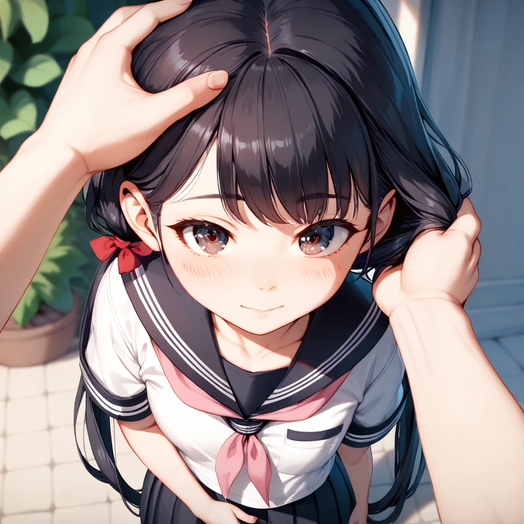 ***, 1girl, 1man, pov fellatio, long haired, black hair, twintail haired, big boob, school girl, Sailor uniform, Short sleeve, sweat, wet see-through bra, kneeling, (flom above:1.2), (close up face:1.3), upward glance, Watery eye, best quality, masterpiece, suck penis, deep thought,