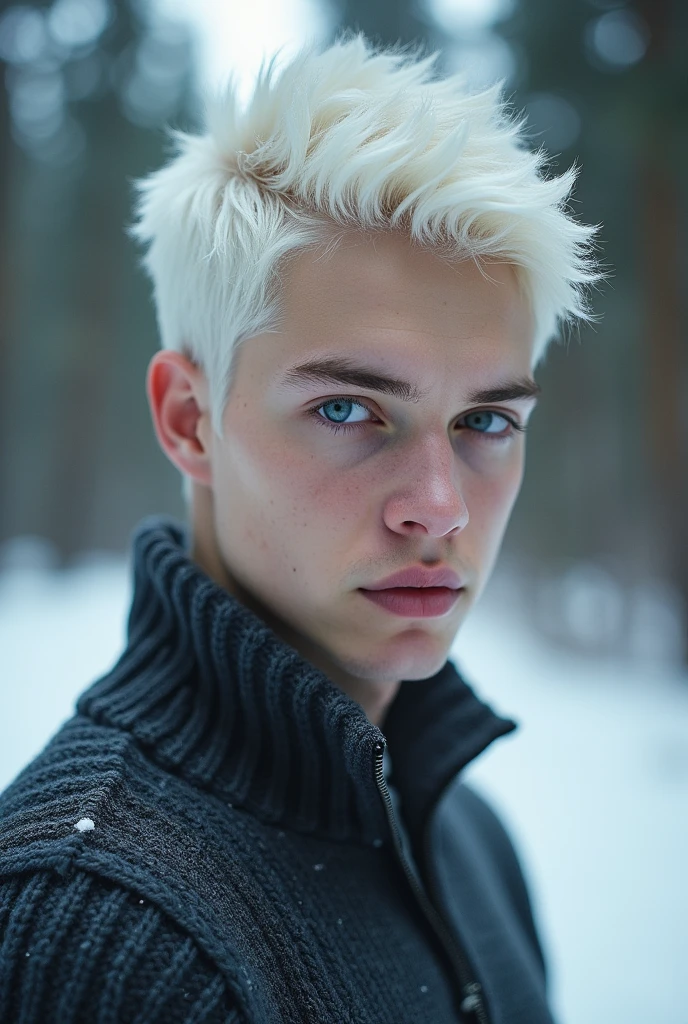 Jack Frost, thin nose, thin lips, blue eyes, white hair, jock putfit, young very handsome face, best quality,masterpiece,Ultra high detail,A handsome hunky muscular man, completely , topless, white micro thong, with white cloth, white transparent mesh cloth. , realistic,winter as background,