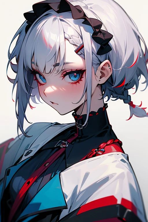 (highest quality:1.2, Very detailed, up to date, Vibrant, Ultra-high resolution, High Contrast, masterpiece:1.2, highest quality, Best aesthetics), Portraiture、girl, (solo), singer、Rock Music、medium wave hair、(red hair and white hair:1.3), ((streaked hair:1.6)), highlights hair: 1.5, red eyes, slim body, medium breast, (tan skin:1.1), look far away, Bright colors、Beautiful fine details、Beautiful lip detail、Edgy Style、(black Skirt-style-bikini)、loose fit, pointing finger, Dynamic Movement、hypnotic sounds、vocal, (Floral Fineline tattoo design on left arm:1), (upper body), (No background:1.4), ((Plain white background:1.3)),
