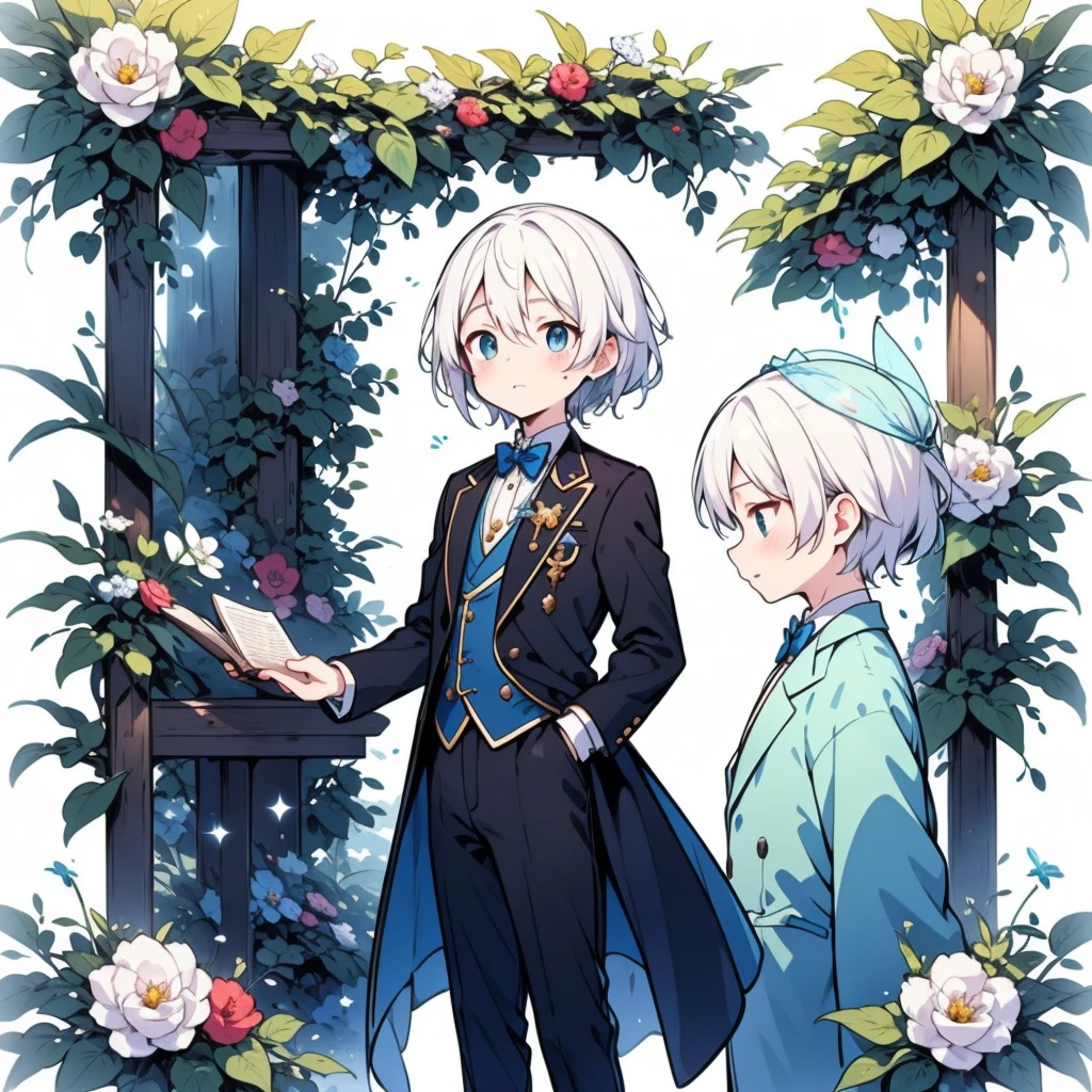 4k,Disney fairy tale prince,6- cute appearance,handsome man,イケメン、White hair, Blue eyes,with a wreath,wearing a pale White blazer jacket with blue bow tie,two hands with book,gently tiptoe walking,shy expression,white background,simple background,character sheet,solo,wearing same outfit,multiple view: front view,side view,multiple expression,