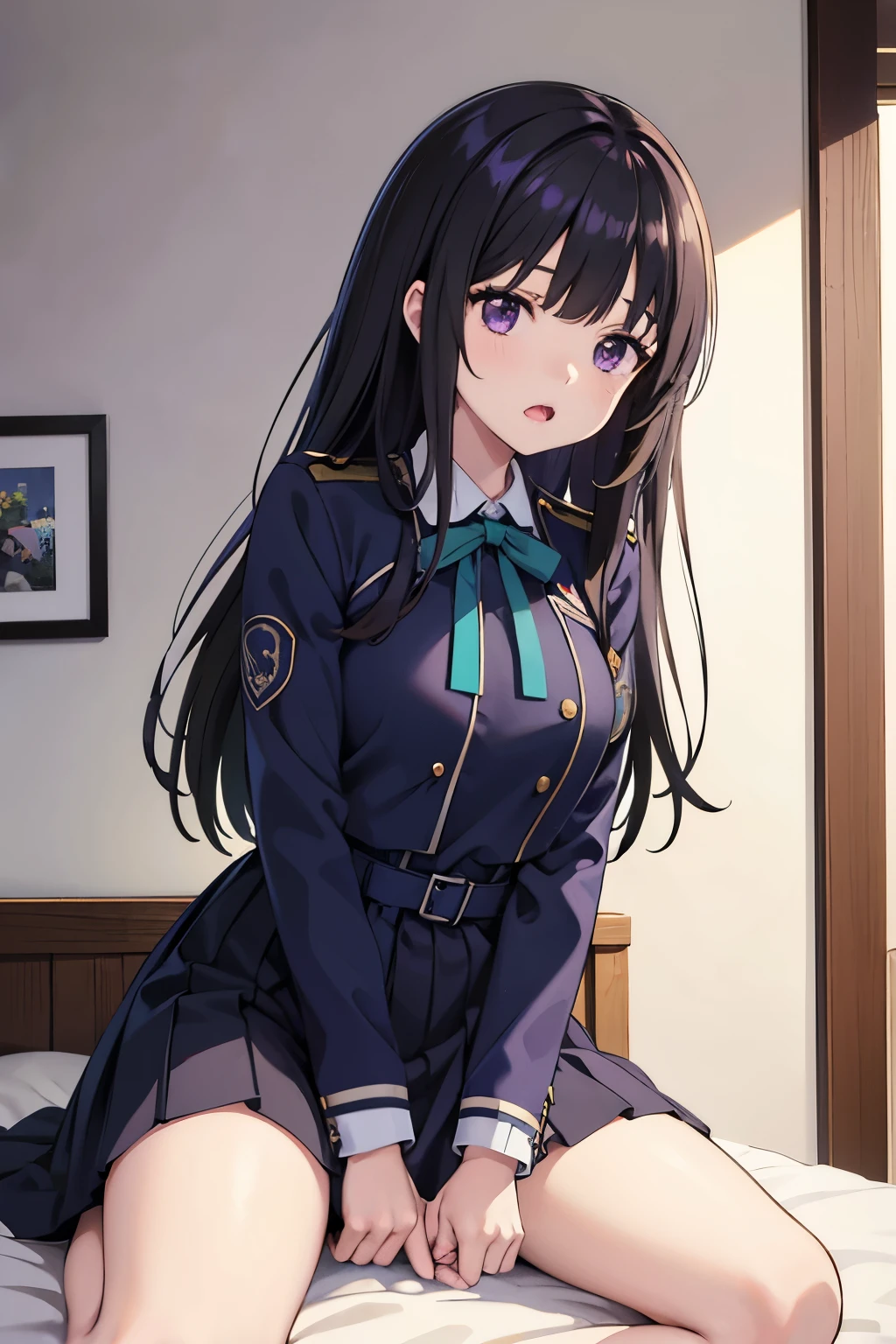 ((Best Quality)), ((masterpiece)), (detailed), One girl, inoue takina, long hair, bangs, black hair, (purple eyes:1.2),shirt, long sleeves, dress, ribbon, school uniform, white shirt, collared shirt, belt, neck ribbon, blue dress, green ribbon, pleated dress, grey dress, two-tone dress, blue belt, lycoris uniform,, looking at viewer, from below, on the bed, aroused, leaning forward, breast grab, girl trembling with sexual climax, nsfw, masturbation, panty shot, crotch grab, spread pussy, woman on top, vaginal,sex, vibrator