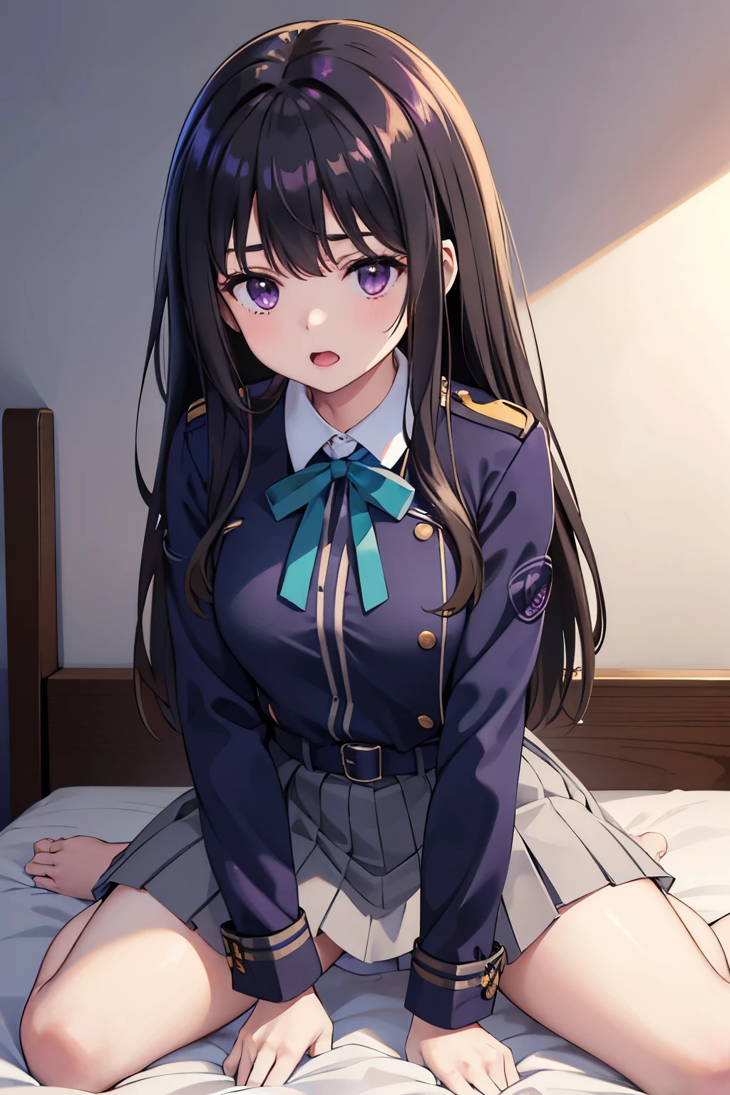 ((Best Quality)), ((masterpiece)), (detailed), One girl, inoue takina, long hair, bangs, black hair, (purple eyes:1.2),shirt, long sleeves, dress, ribbon, school uniform, white shirt, collared shirt, belt, neck ribbon, blue dress, green ribbon, pleated dress, grey dress, two-tone dress, blue belt, lycoris uniform,, looking at viewer, from below, on the bed, aroused, leaning forward, breast grab, girl trembling with sexual climax, nsfw, masturbation, panty shot, crotch grab, spread pussy, woman on top, vaginal,sex, vibrator