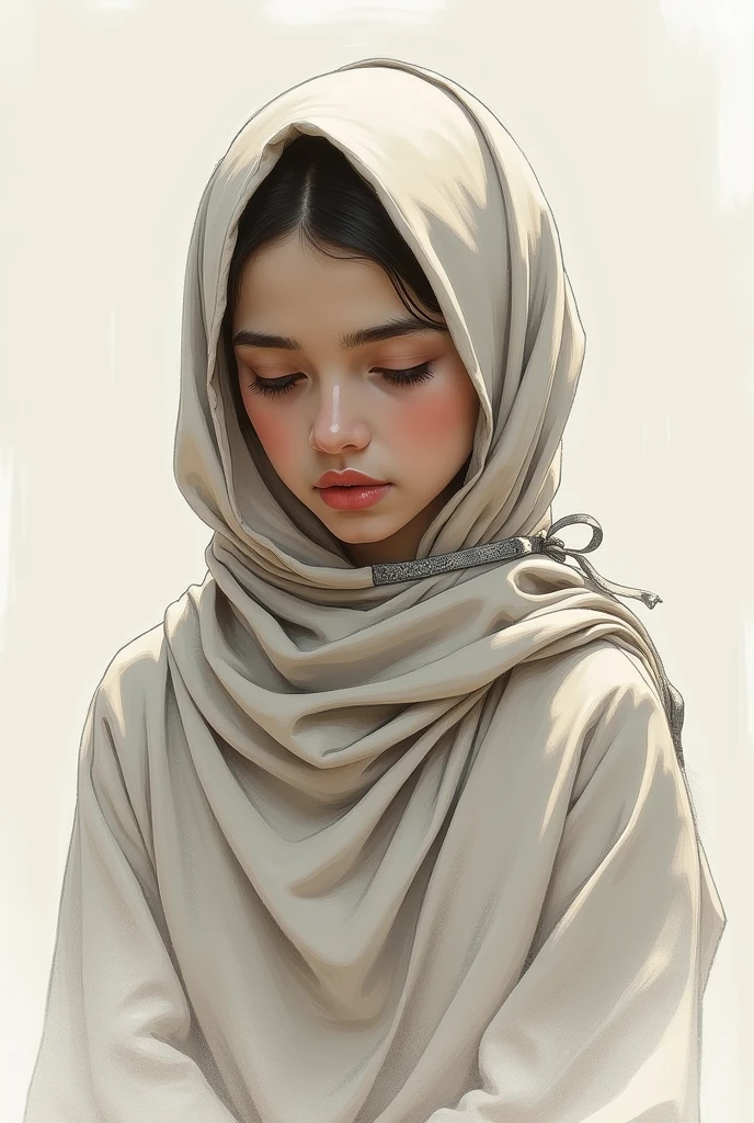 paint for me hijab muslim girl with slightly slanted black eyes and white skin. wearing cultural Kafkaz dress. Do not see girl's hair and neck. she is fully veiled. But this veil do not white colour