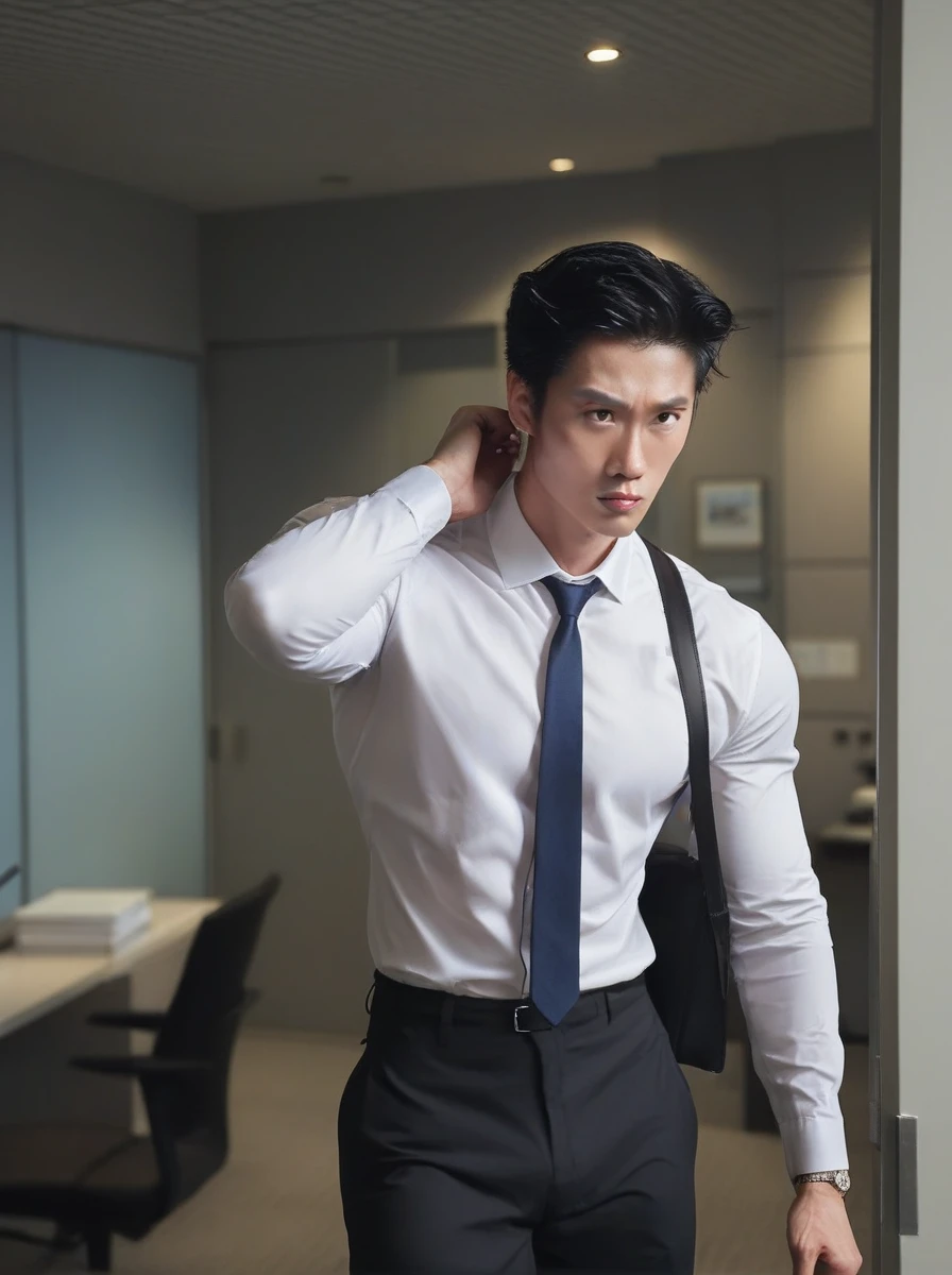 Chuando Tan, Chuando Tan face, male focus, muscle, wear office outfit