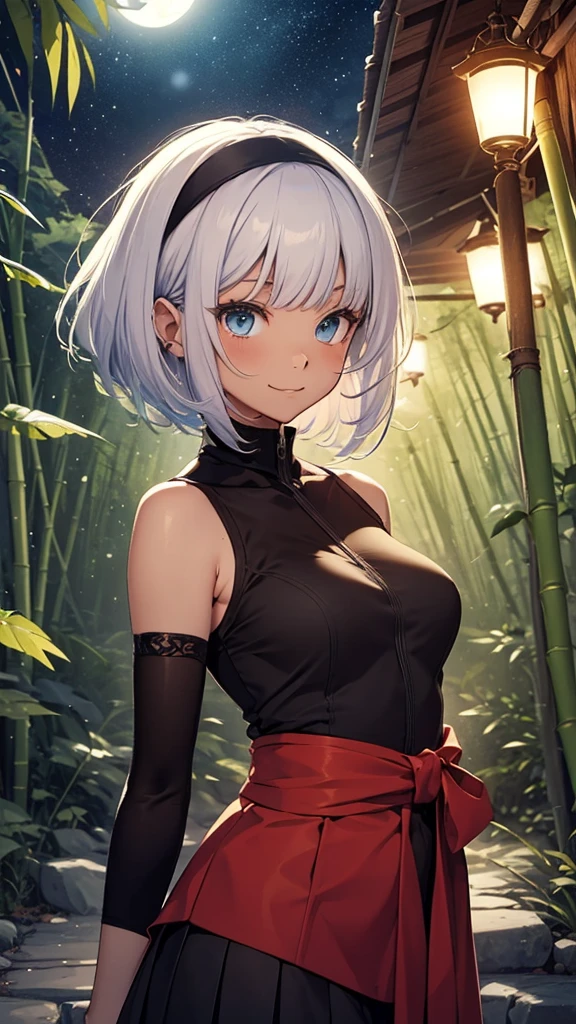 A lady with silvery short hair and blue eyes, Cheeky Smile, Condescending look, Gazing at the viewer, Highly detailed and realistic, masterpiece quality, Very detailed, High resolution, Vibrant colors, Physically Based Rendering, High-definition background, (distance view:1.5), in the bamboo forest, witch, with a panda, wearing a chinese dress, not sexy