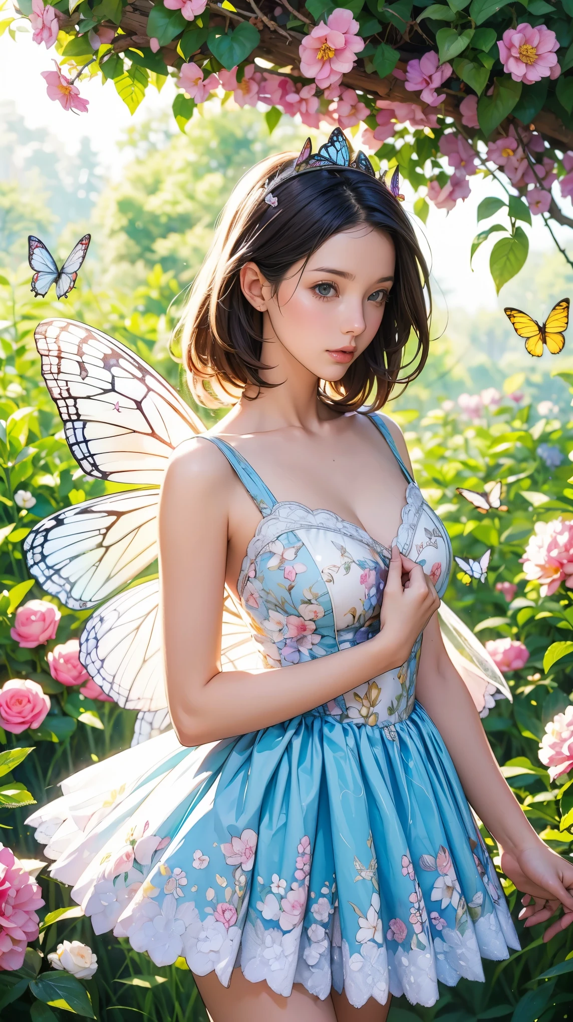 Beautiful girl in a fairy costume, Surrounded by flowers and butterflies. content: Watercolor. style: Whimsical and delicate, Like an illustration in a children&#39;s book.