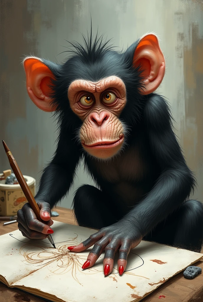 a humorous and exaggerated chimpazee, a caricature, a fun portrait, bold lines, vivid colors, against a pristine acid-neon brown background, 2D, dynamic pose, dramatic lighting, extreme detail,fantasy, digital painting, colorful, whimsical, playful, cute, adorable, anthropomorphic, expressive, quirky, vibrant, surreal, dreamlike, imaginative