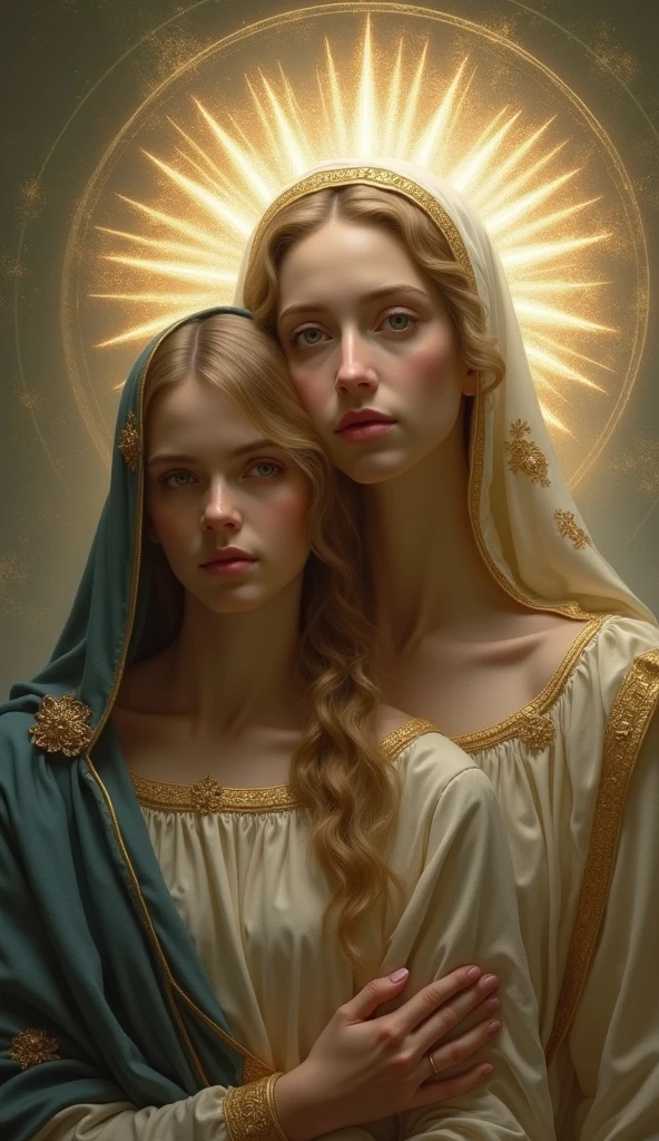 NSFW, (masterpiece, best quality:1.5), oil painting by Leonardo da Vinci and Alfons Maria Mucha, (perfect anatomy:1.2), two gorgeous and stunning pale-skinned young pregnant goddesses is deeply in love with each other, kiss, fantastic make-up, jewelry, flower, snow, magnificent panorama view