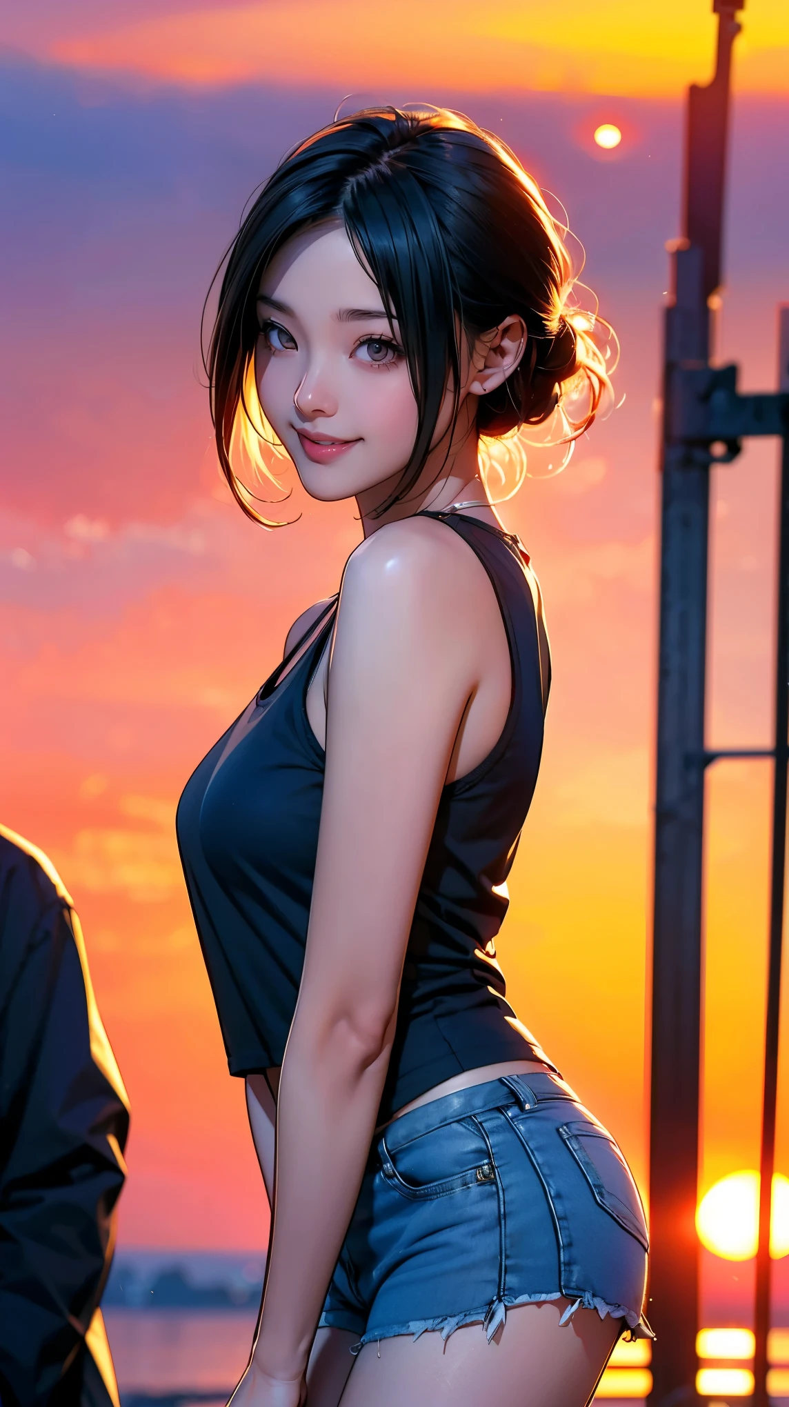 One girl, Photo Model, smile, Focus on your audience, Beautiful lighting, Best Quality, masterpiece, Ultra-high resolution, Realistic, Black Hair, Short tank top, Shorts, Long Stockings, Medium chest, White skin,( Sunset background:1.4)