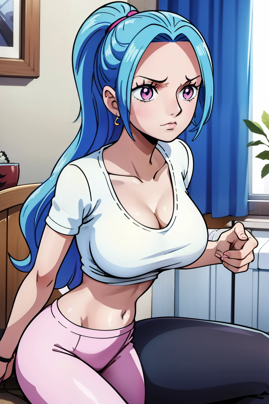 Cute girls,round purple eyes, blue hair、[without a bra、Medium to long straight hairstyle，、（Bigboobs,，she Wear a white top,  blue Nike leggings，In a rental house，esta de pie，evening，it was raining outside，Upper .,cuerpo completo,white top,blue Nike leggings,sexy,Alta resolución, Nike leggings,logo de nike en los leggings