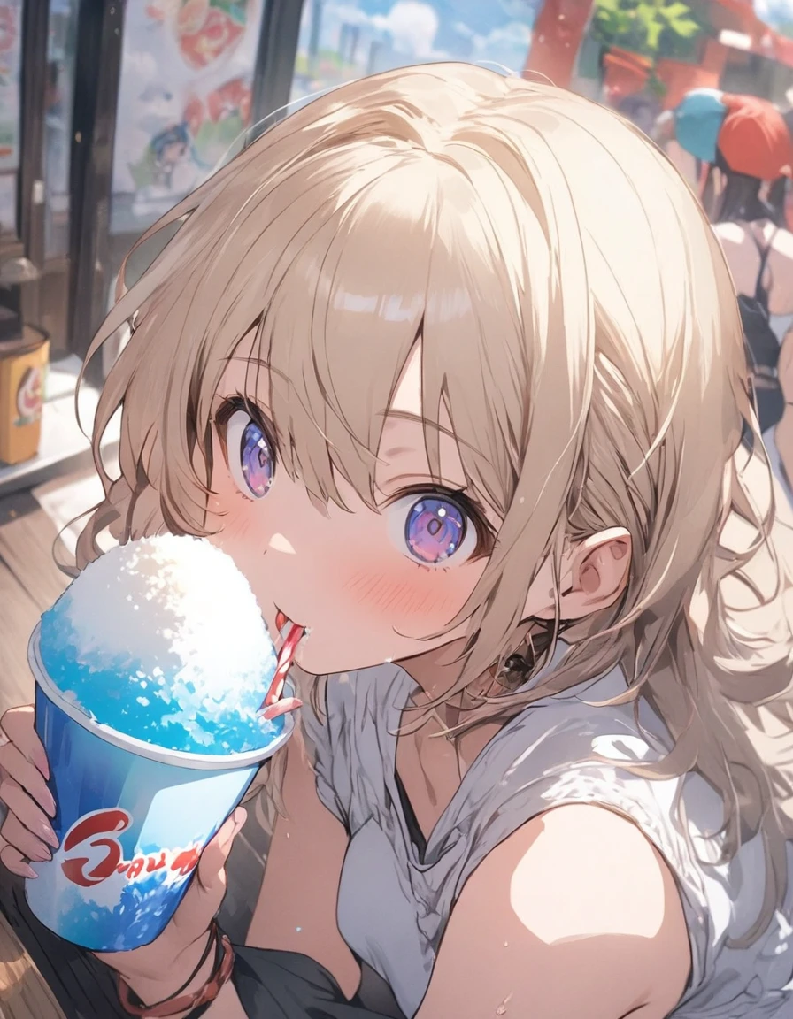 1girl, (thick eyebrows), tareme, big tits, blonde hair, very_long twin tails, full-face blush, half closed eyes,tegaki, Licking soft serve ice cream, strong midsummer sun, sweat, wet, see-through camisole, cum in 口,
masterpiece, best quality, very aesthetic, absurdres, highly detailed