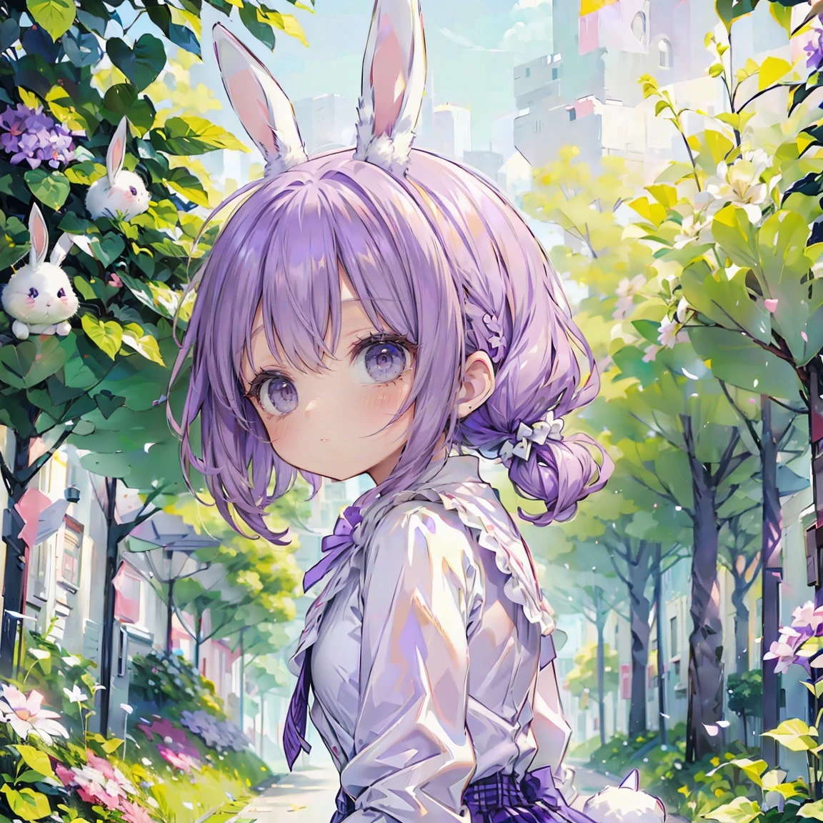 1 person、girl、cute、Small bunny girl、bunny ears、color palette(purple、white、)