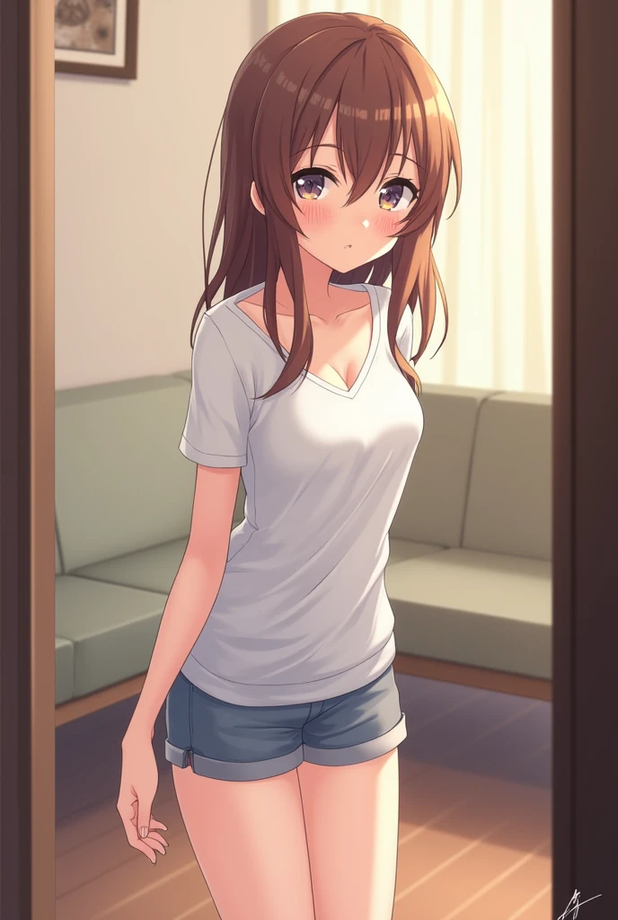 独奏,1girl,push_ups,green_eyes,long_hair,brown_hair_orange_inner_Farbe,orange_scrunchie,shorts,white_shirt,lower_body,grey_shorts,casual_workout_yoga_buzzer_shorts,living_room,thighs,questionable,general,explicit,medium_breast, expensive_solve, clear_image, expensive_Contrast, 8K, Sparkling, beautiful_detailed_face_and_eye, (Brown Hair:1.25), 白 eye, expensive_solve, clear_image, expensive_Contrast, 8K, Sparkling, beautiful_detailed_face_and_eye, (Brown Hair:1.25), 白 eye