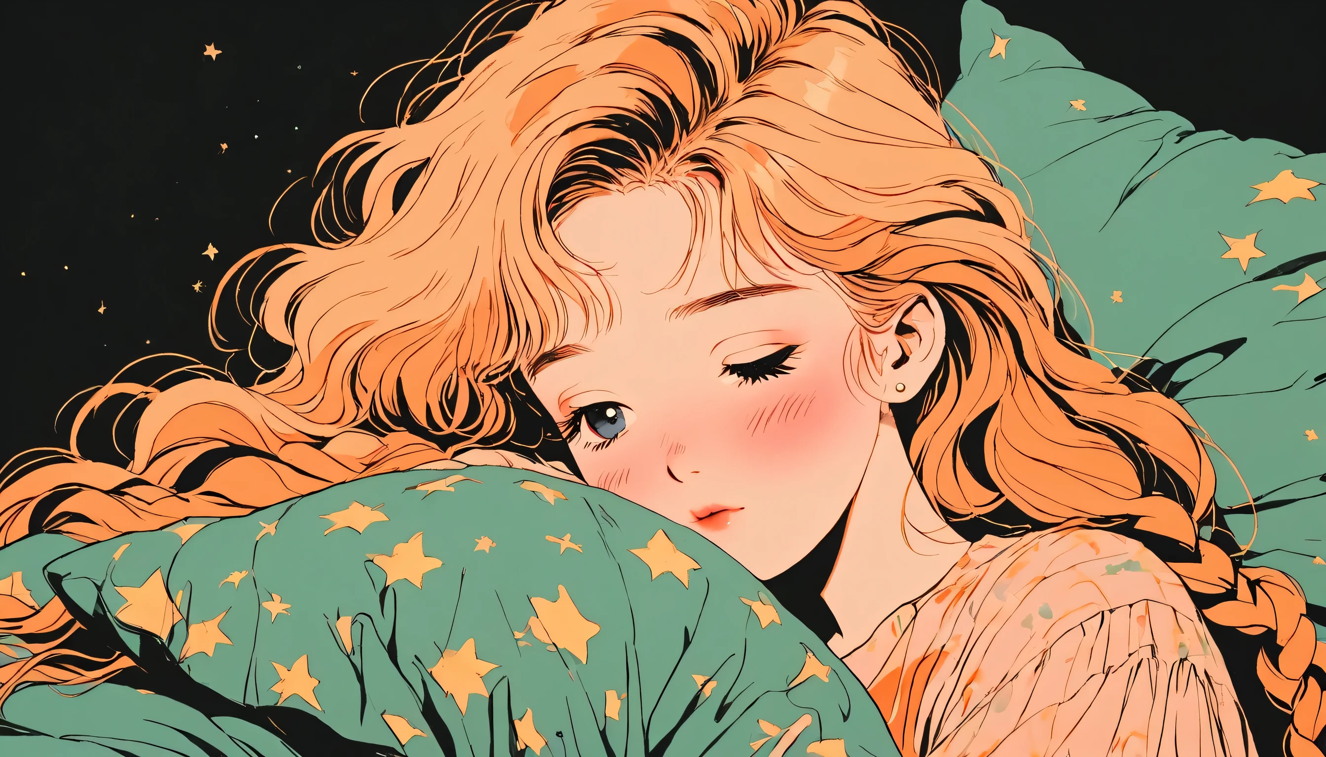 90's anime style, 1990s style, clear, 1980s style, (blush:1.7), the highest quality, 8k, close up, lofi girl, lofi art, lofi feeling, very big eyes, sleeping girl, a orange braided hair, cute, sleep with her head on the pillow, solid black background with no other elements except tiny gold glitters, wearing night dress, eyes closed, 1 girl, Only