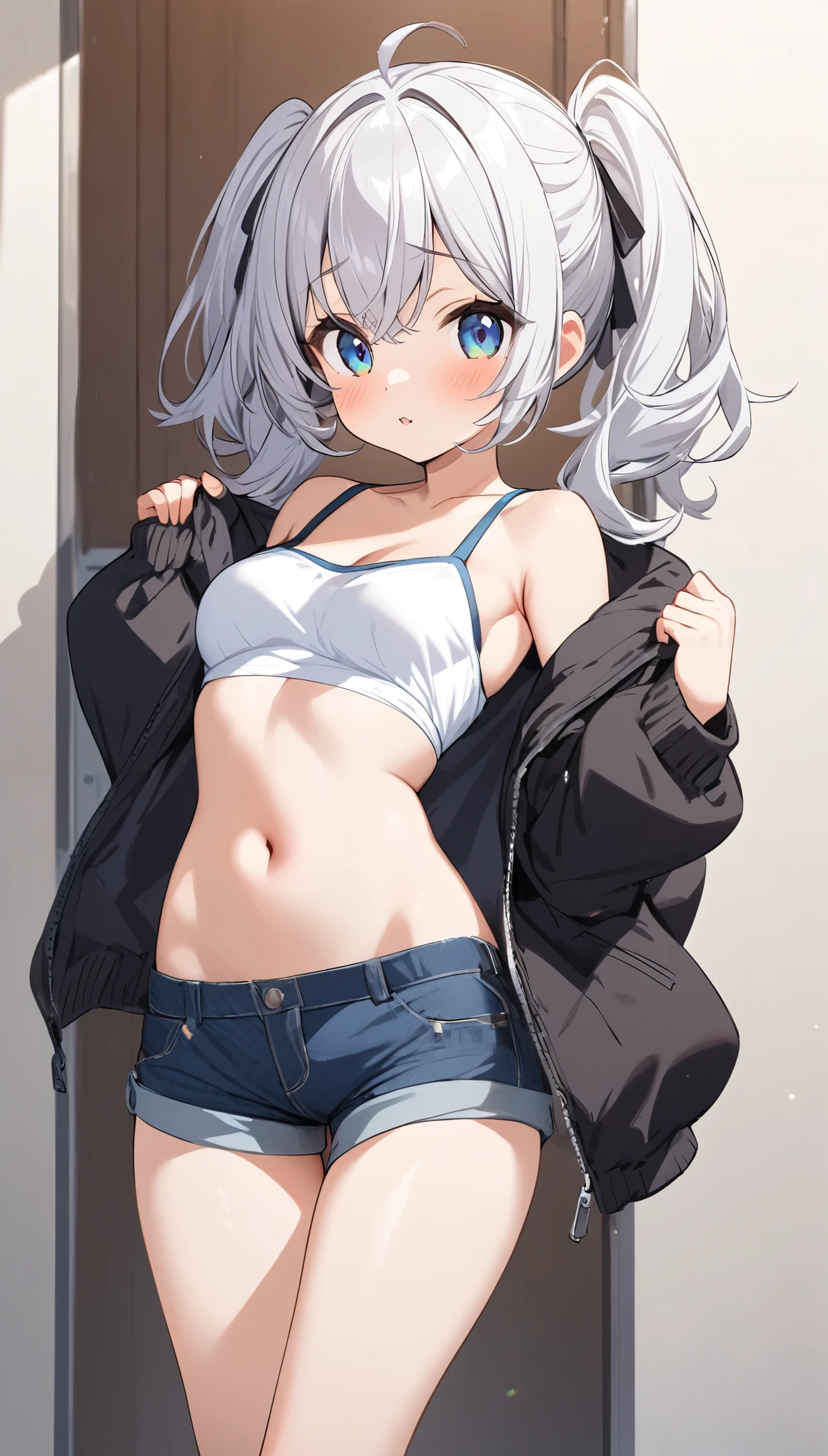 One Girl, Gray Hair, Low twin tails, There is only one mole below the eye, There is only one mole, Girl sitting, Small breasts, Cheeky face, Slut, looking at the camera, ass pov, Brown Skin, White off-shoulder, Belly button, Sweating, Face is close, Sticking out tongue, Denim shorts, Black knee-high socks, slender,