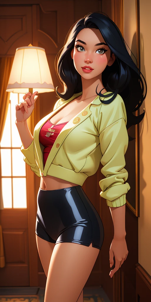 A girl, brown eyes, short black hair, red ribbon in her hair, blue dress with short yellow, sculptural body, perfect body, big breasts, slim waist, big thighs , best quality, masterpiece.