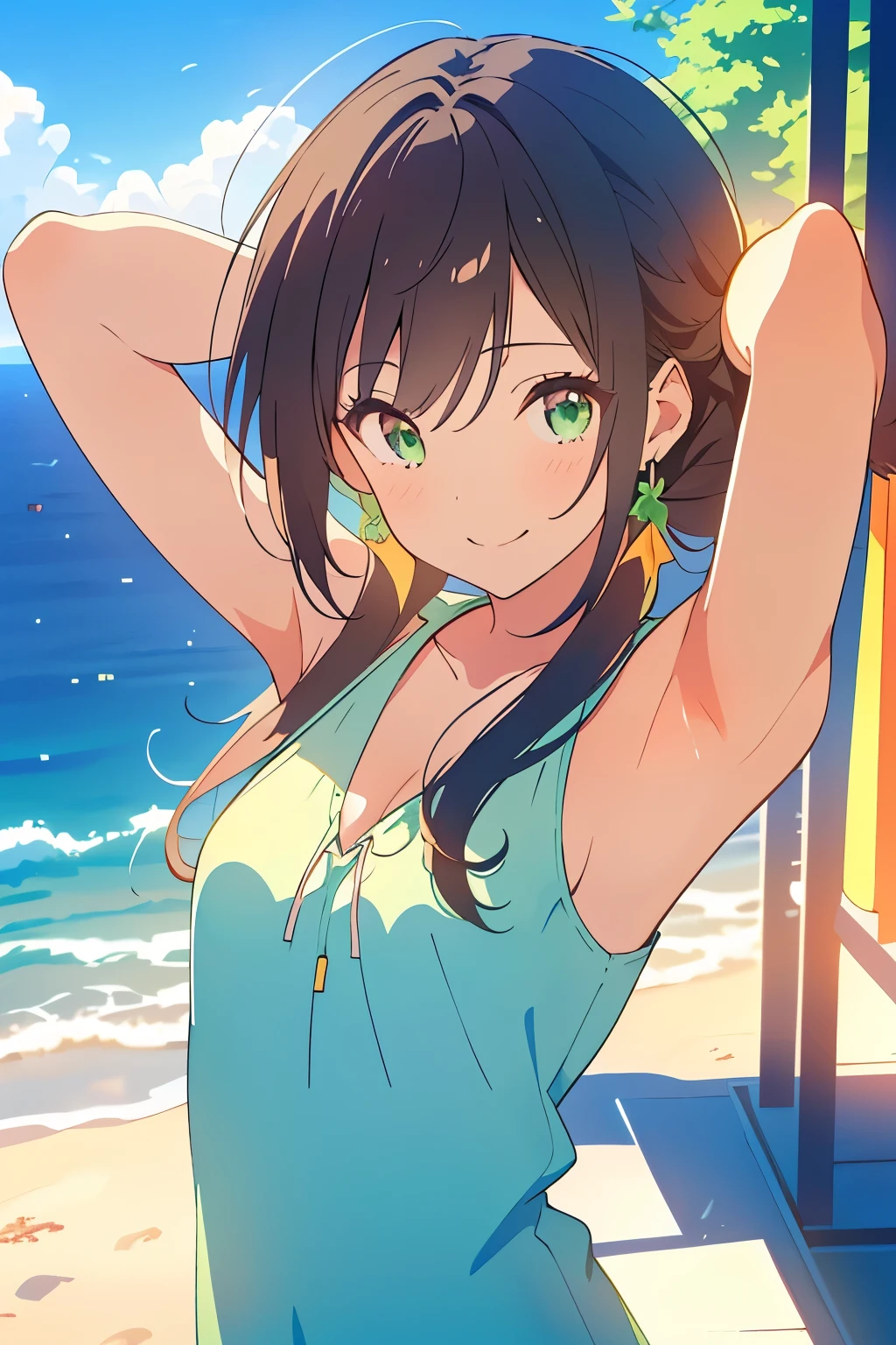 ((masterpiece, Highest quality, High resolution, 超High resolution, Pixel perfect, Written boundary depth, 4K, RTTX 10.0, High resolution))), 1 person, single, alone, Beautiful Anime, Beautiful art style, Anime characters, ((Shortcuts, bangs, Dark brown hair)), ((Green Eyes:1.4, Round eyes, Beautiful eyelashes, current eyes)), ((Smooth texture:0.75, Anime CG style)), ((Dynamic Angle, close)), Perfect body, (cute), Normal chest, whole body, ((4K, 8k, Highest quality, Perfect Fingers: 1.3, Perfect Anatomy: 1.3, Background Blur)), whole bodyアングル, An illustration of someone at a restaurant with a view of the sea., The character is dressed in a refreshing summer outfit, Sitting in the window seat, She gazes at the beautiful sea stretching out beyond the window, Enjoying a meal with a relaxed expression, Delicious food and drinks are lined up on the table, The blue sea and sky spread out in the background., Gentle waves are lapping at the shore
