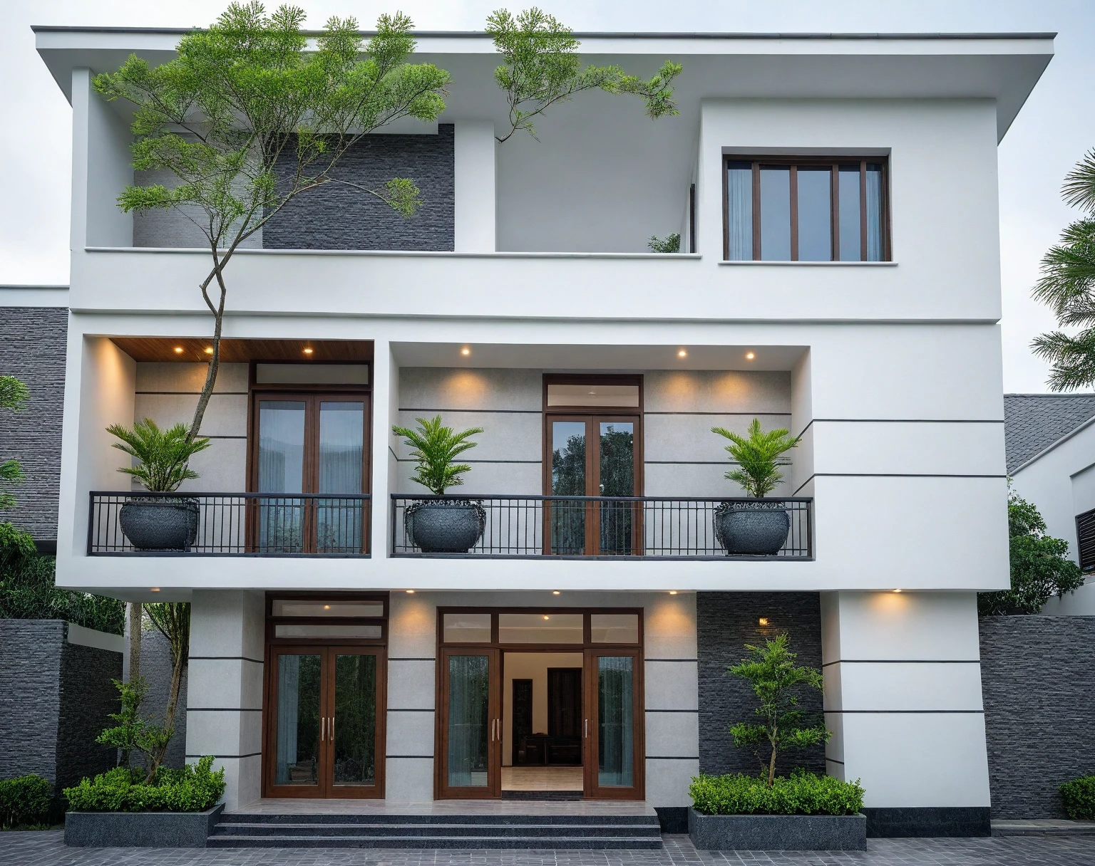 (bright image), A double story modern style house in the middle of Vietnam, (dark grnite tiled wall),(classic detail), simple and elegant architecture with white walls on top half and grey tiles roof, large windows with, entrance door is white with arched shape, bonsai trees, wide tile stone courtyard, professional photography, daylight, natural light, high resolution photography, (best quality, ultra realistic, masterpiece:1.15)