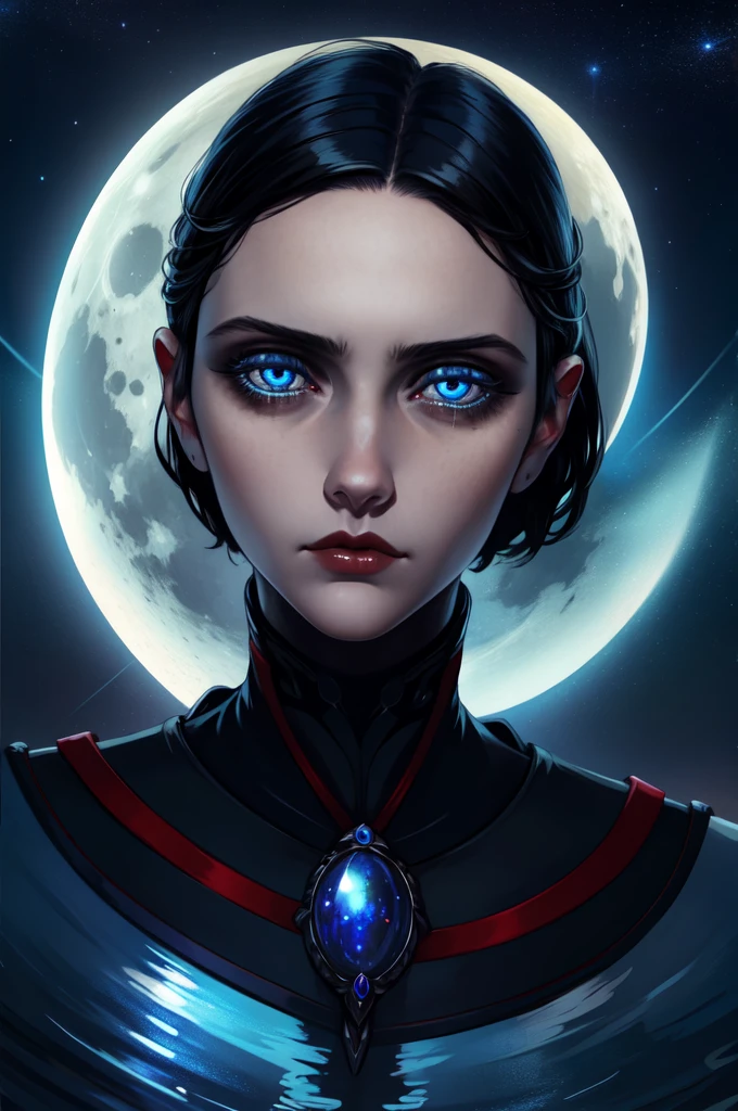 Renala,short black hair,Blue eyes,upper body,sad expression,
Empty lake, Moon close up,night,the stars are insanely detailed, beautiful detailed face, masterpiece, detailed eyes, high quality),  