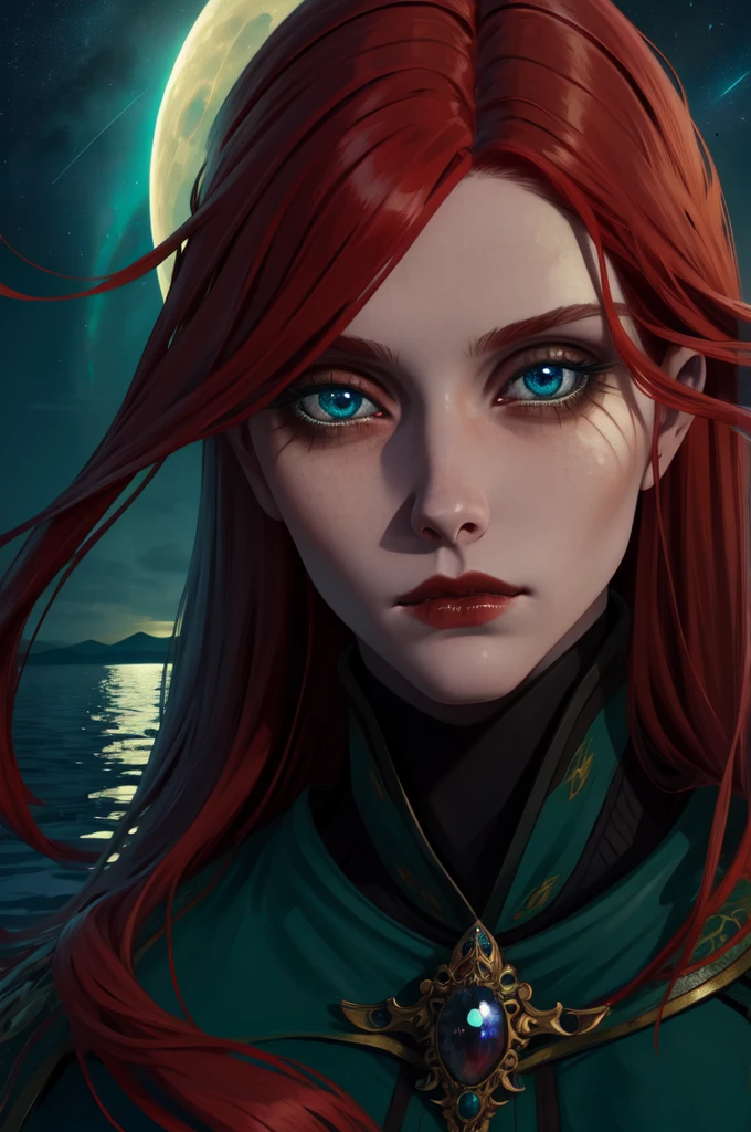 Renala, long red hair, green eyes,upper body,sad expression,
Empty lake, Moon close up,night,the stars are insanely detailed, beautiful detailed face, masterpiece, detailed eyes, high quality),  