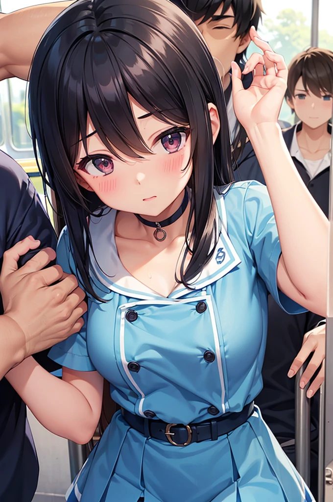 One girl,18-year-old,Excellent anatomy, masterpiece, Highest quality,Realistic, hyperRealistic, 16k hdr,(((Deepthroat))),NSFW、neckerchief, Collared shirt, 汗er west, (Blue Vest:1.2), Short sleeve,Armband、(((Grabbing hair)))、Shoot from the front、Focus on the face、Twin tails、Blowjob、Semen、((Penis and girl))、No correction、No Mosaic