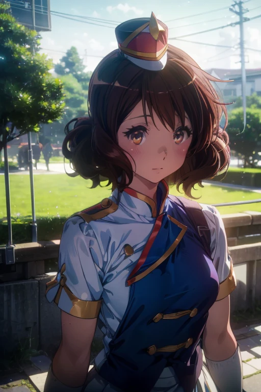 (Best image quality, 8k, high quality, Attention to detail,masterpiece:1.2)、kumiko oumae、Sun Festival, Mini Shako Cap, Uniform,Eye highlight、Face Light、Shining Eyes、Alone、1 girl、View your viewers、sketch、Flat Color、、anime、animeカラーリング、garden、smile、Random Pause、(Blur the background:1.3)、Upper Body、Your entire subject to cover