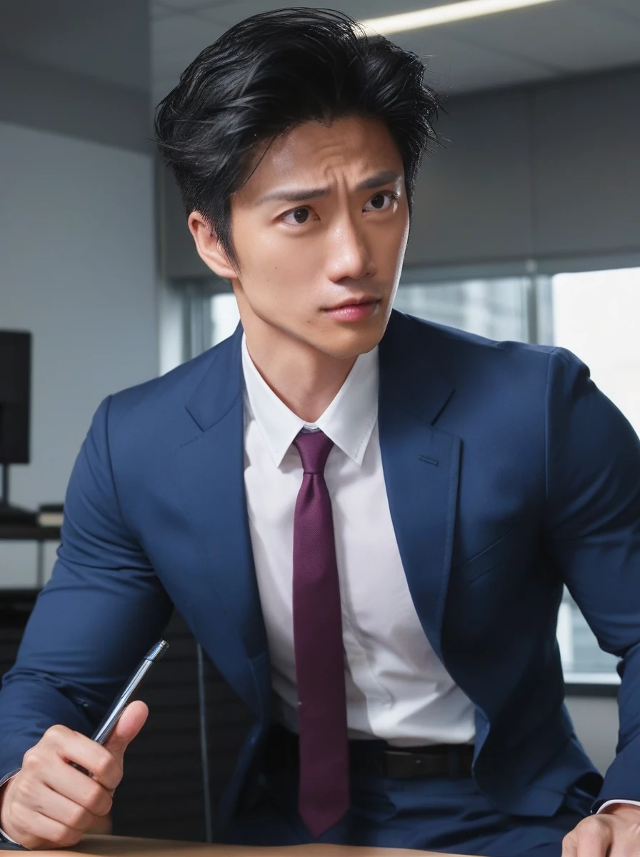 Chuando Tan, Chuando Tan face, male focus, muscle, wear office outfit