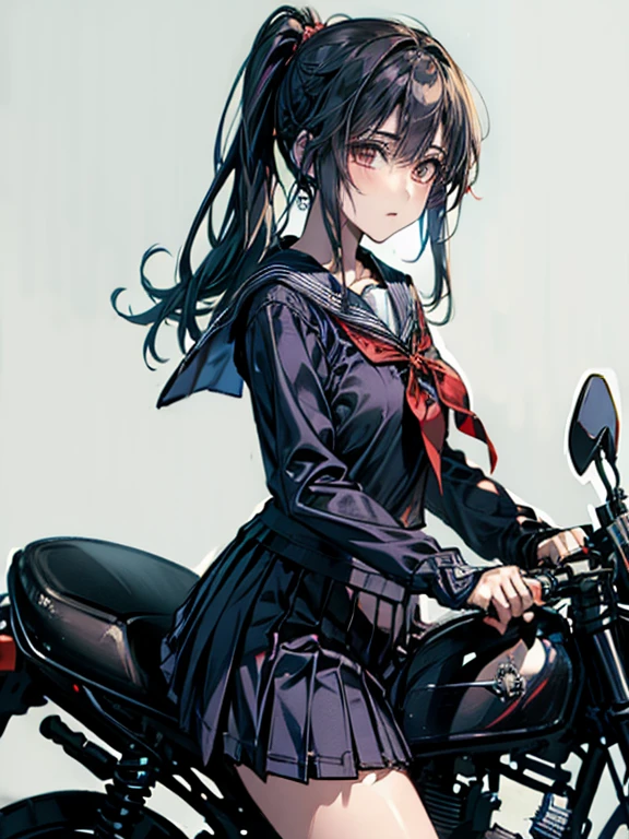 masterpiece, Highest quality, High resolution,alone, Very detailed,Detailed bike,Accurate human body、Knowledgeable person、Correct five-finger,Sailor suitを着たアニメの***が、Riding a motorcycle, Fluffy ponytail,Japanese girls uniform, Japanese School Uniform, high school girl, seifuku, Anime Girl Cosplay, riding on the mortarcycle, Sailor suit, beautiful anime high high school girl, JK Uniform, Girl in uniform, wearing Japanese School Uniform, Simple light background, Uniform soft illumination, Shadows are minimal, Quiet and tranquil atmosphere, Front view, Shallow depth of field, Well-balanced exposure