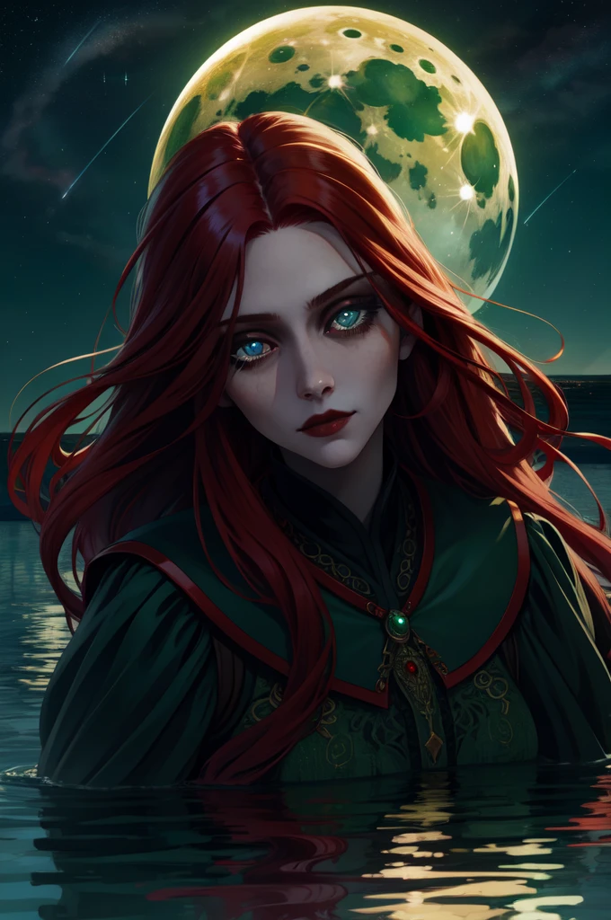 Renala, long red hair, green eyes,upper body,sad expression,
Empty lake, Moon close up,night,the stars are insanely detailed, beautiful detailed face, masterpiece, detailed eyes, high quality),  