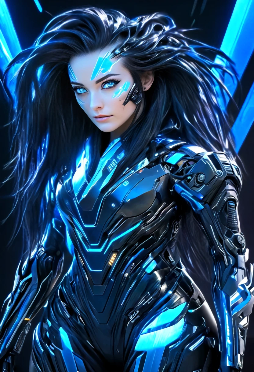 A woman wearing exoskeleton cyber armor, The armor fits snugly、((She has a plasma gun in her hand)), Full body photo, Maximum details, Superior quality through precise drawings, 8k,chest, blue eyes,  High resolution, 超High resolution, Best Quality, Shortcuts, Big chest, Cinematic Lighting Effects, Futuristic beautiful black hair woman, Shining blue eyes, Cyberpunk style woman, ((Hi-tech spaceship interior with blue light illumination)), High-quality images、Black Hair, Shortcuts, 