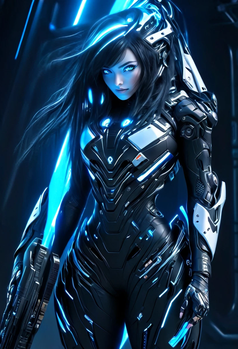 A woman wearing exoskeleton cyber armor, The armor fits snugly、((She has a plasma gun in her hand)), Full body photo, Maximum details, Superior quality through precise drawings, 8k,chest, blue eyes,  High resolution, 超High resolution, Best Quality, Shortcuts, Big chest, Cinematic Lighting Effects, Futuristic beautiful black hair woman, Shining blue eyes, Cyberpunk style woman, ((Hi-tech spaceship interior with blue light illumination)), High-quality images、Black Hair, Shortcuts, 