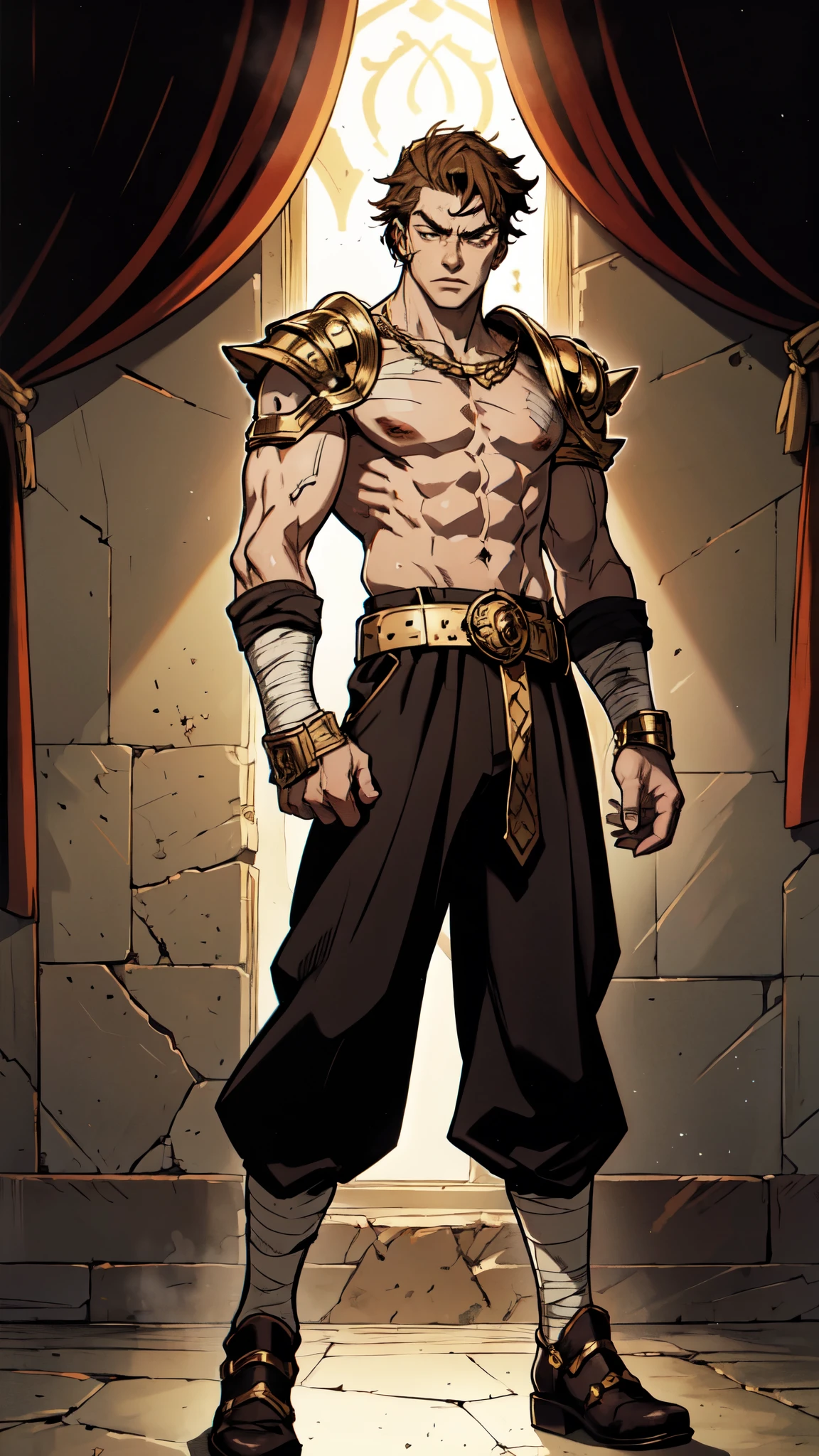 Man with golden helmet and thick white hair and red eyes and closed mouth and scar on his right eye and serious and masculine square chin and red armor and golden shoulder armor and golden bracelet on his wrists and yellow gloves on his hands and green pants and boots with thin spikes at the end of the golden foot and a cord full of golden balls around his neck and a red band on his arm and strong muscular arms and closed hands observing the spectator and gray skin and red watercolor background