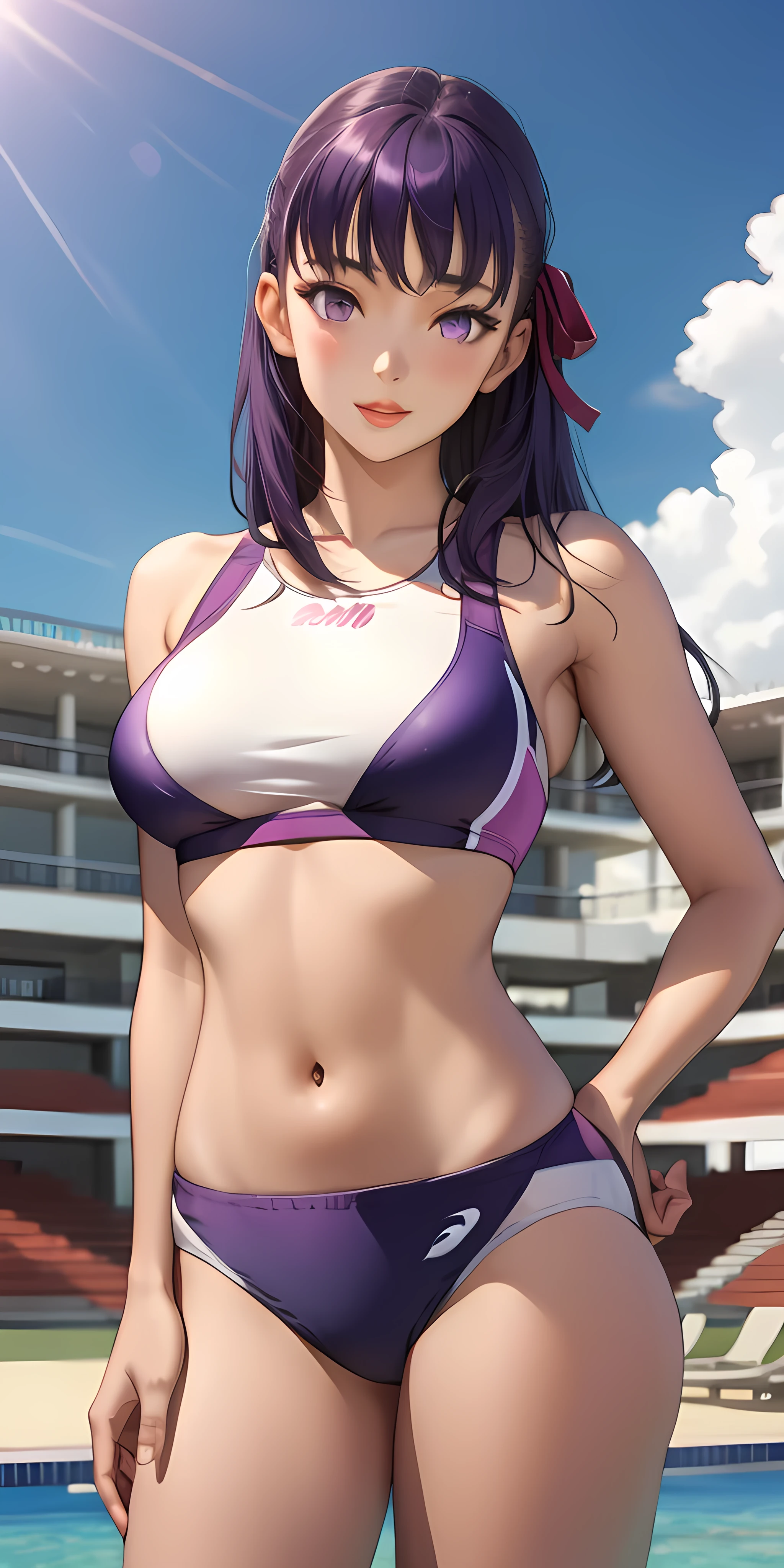 (One girl, 3d, Realistic, masterpiece, Best Quality, Elaborate, Super detailed), Confident face, Upper body view, (sports bras), (sports bikinis), Seductive pose, At a resort hotel overseas, (we are sakura:1.2), ヘアribbon, hair ribbon, Long Hair, (Purple eyes:1.1), Purple Hair, ribbon, White knee-high socks