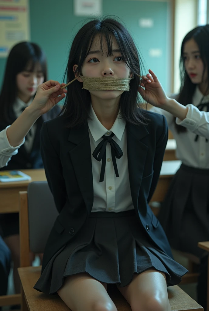 a japanese woman tied to a chair with ropes, (hands tied in the back), tape gagged, necktie, dark blazer and white shirt, (crying), teary eyes, classroom