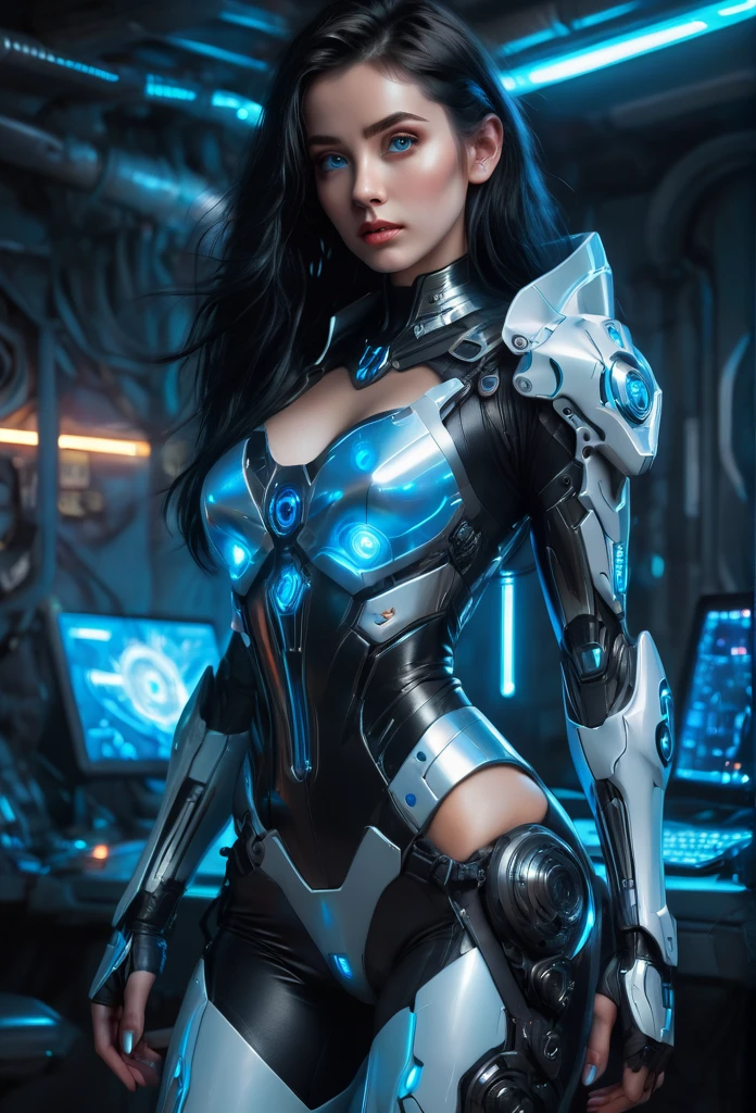 A woman wearing exoskeleton cyber armor, The armor fits snugly、((She has a plasma gun in her hand)), Full body photo, Maximum details, Superior quality through precise drawings, 8k,chest, blue eyes,  High resolution, 超High resolution, Best Quality, Shortcuts, Big chest, Cinematic Lighting Effects, Futuristic beautiful black hair woman, Shining blue eyes, Cyberpunk style woman, ((Hi-tech spaceship interior with blue light illumination)), High-quality images、Black Hair, Shortcuts, 