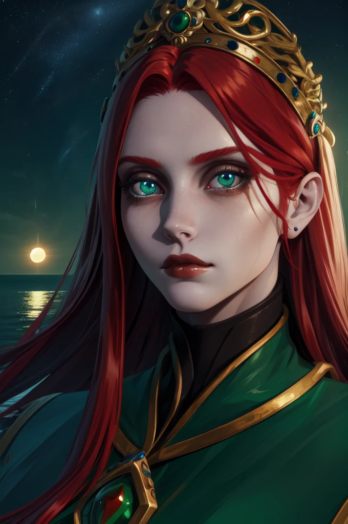 Renala, long red hair, green eyes,upper body,sad expression,
Empty lake, Moon close up,night,the stars are insanely detailed, beautiful detailed face, masterpiece, detailed eyes, high quality),  