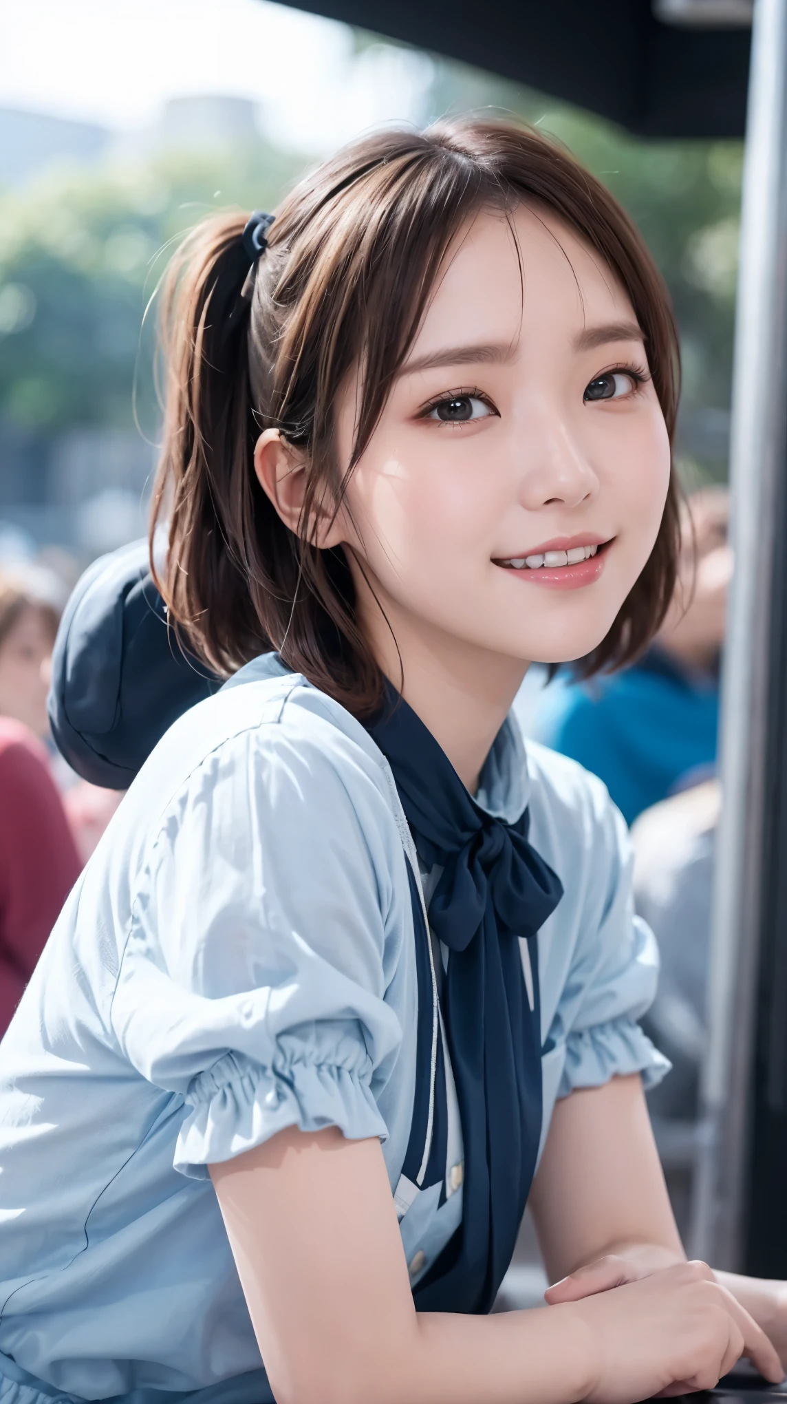 masterpiece, Best Quality, Highest quality, beautiful girl, Cute Face, 8k, Official Art, RAW Photos, When you go out in the city during the hot season, please wear cool clothes., Twin tails, Short Hair, , Face Light, Film Grain, chromatic aberration, Sharp focus, Please give me your gaze, Very happy smile, Show me your little teeth, Dynamic Lighting, Cinema Lighting, ID photo, Photo of your face, Upward glance, Staring at the audience