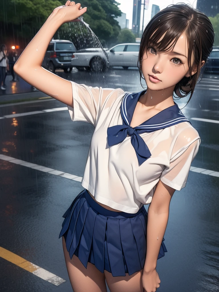 ((masterpiece, Highest quality:1.37, Best illustrations)), ((get wet:1.5)), (Raise your arms, Please show me your armpits:1.3), (Flat Chest:1.37), Cowboy Shot, 1 Japan woman, ((very small head:1.5)), Brown Hair, Bobcut, Let your bangs hang long, (skinny body:1.37), (Slim waist:1.37), Glowing Skin, Oily skin, Realistic skin texture, sexy, (Soaked in the 雨, Bra underneath is visible), School uniforms, Famous Tokyo Metropolitan High School sailor uniform:1.21, Short sleeve clothing, white short sleeve sailor uniform:1.21, sera fuku:1.21, The upper body is wearing a uniform:1.21, Navy blue pleated mini skirt:1.37, Pouring rain, Heavy Rain, on the road, Tokyo Shinjuku,