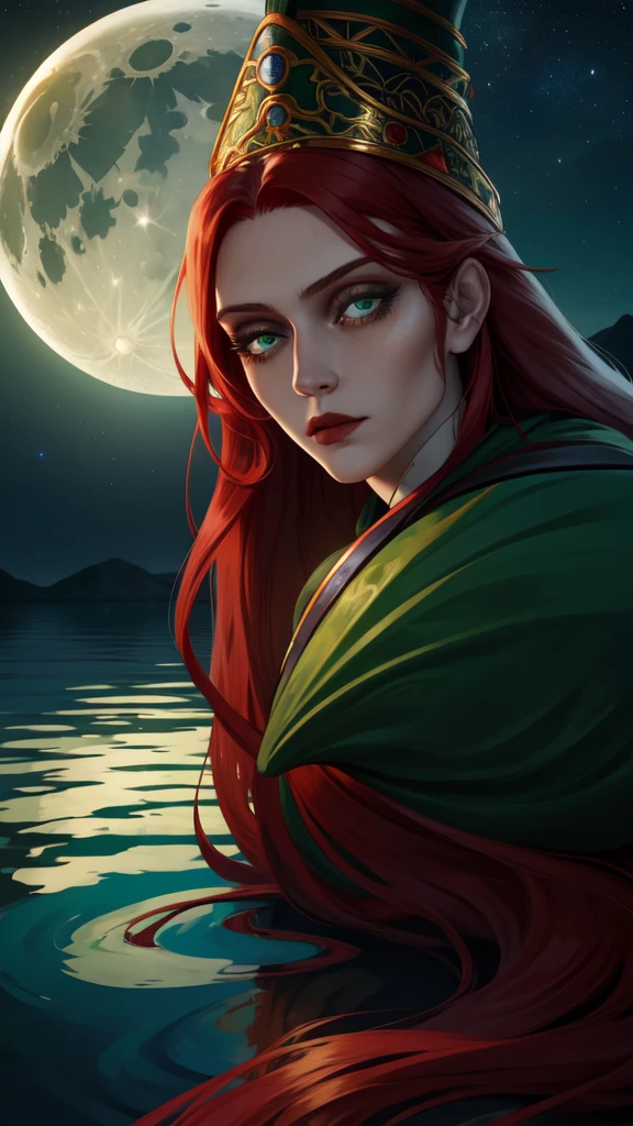 Renala, long red hair, green eyes,upper body,sad expression, crescent hat, 
Empty lake, Moon close up,night,the stars are insanely detailed, beautiful detailed face, masterpiece, detailed eyes, high quality),  