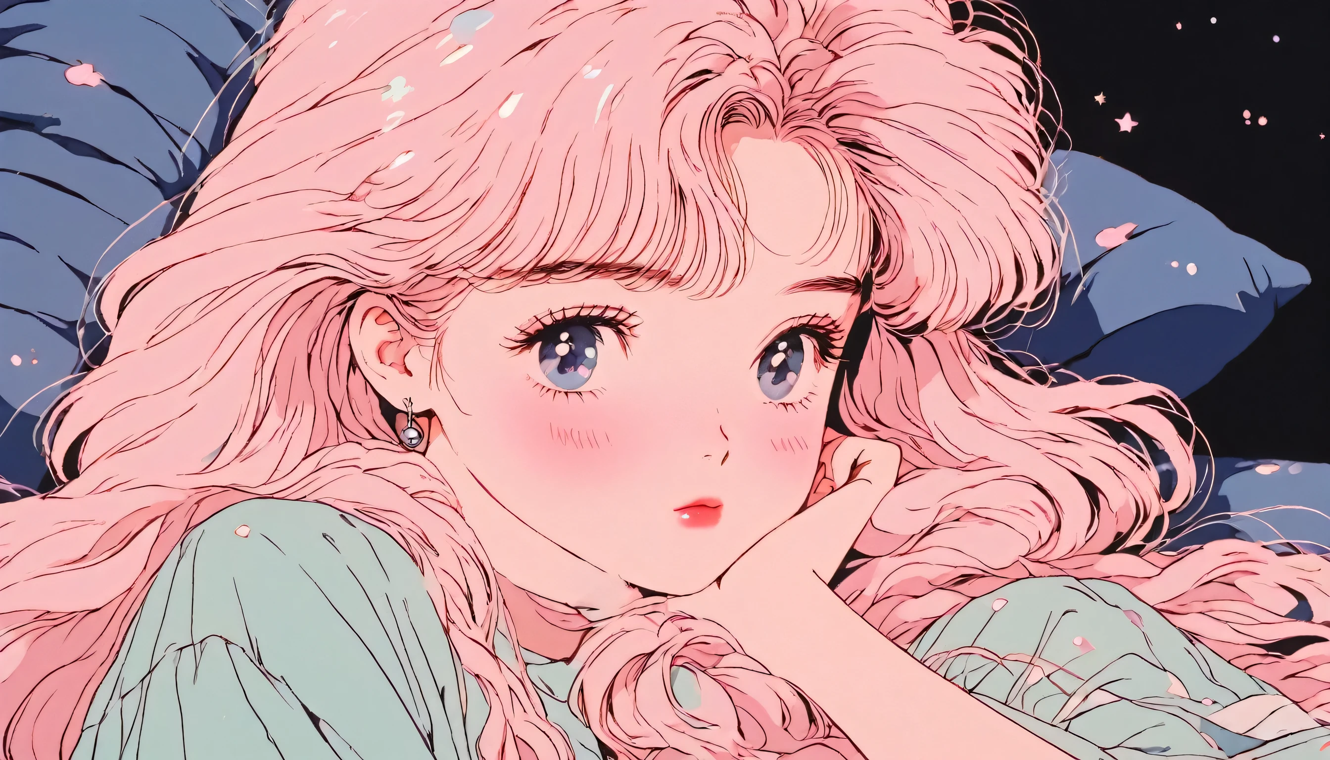 90's anime style, 1990s style, clear, 1980s style, (blush:1.7), the highest quality, 8k, close up, lofi girl, lofi art, lofi feeling, very big eyes, anime girl laying on a pillow, watching the viewer, a pink braid hair, cute, dark black background with no other elements except tiny silver glitters, wearing night dress, 1 girl, Only