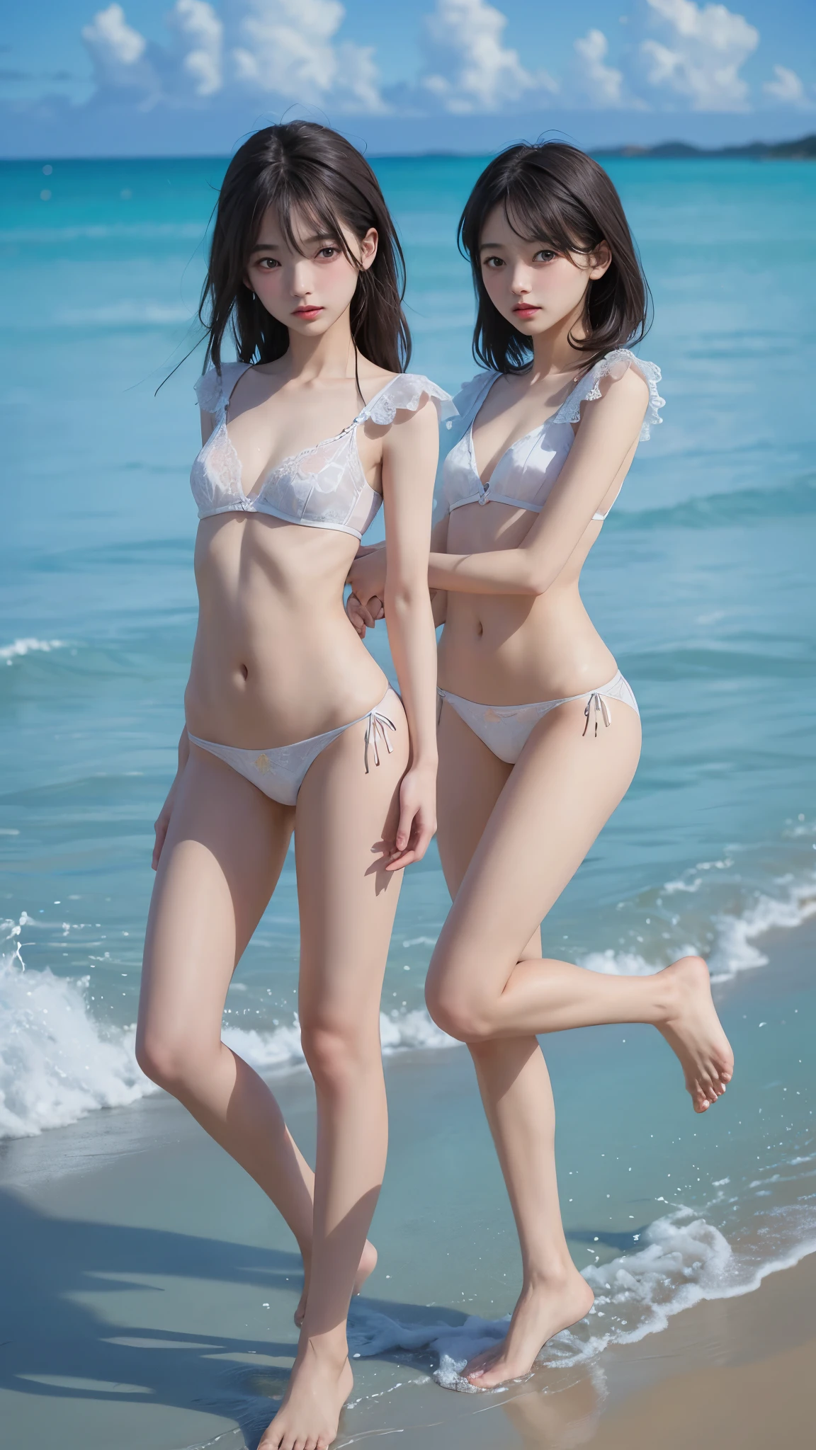 (2girls, Same height :1.2) ,Back view,  White see-through underwear, couple focus ,    japanaese girl ,  (Smile:0.7), Stand next to each other ,  Upper body, Beach,Looking back,  Armpit, Realistic nipples, Realistic butt crack, Grinning smile, Very Shorthair , (High color saturation:1.0),  (highlydetailed skin), (Best Quality:1.0), (超A high resolution:1.0) ,(photographrealistic:1.0), (ultra-detailliert:1.0), (8K, Raw photo:1.1)