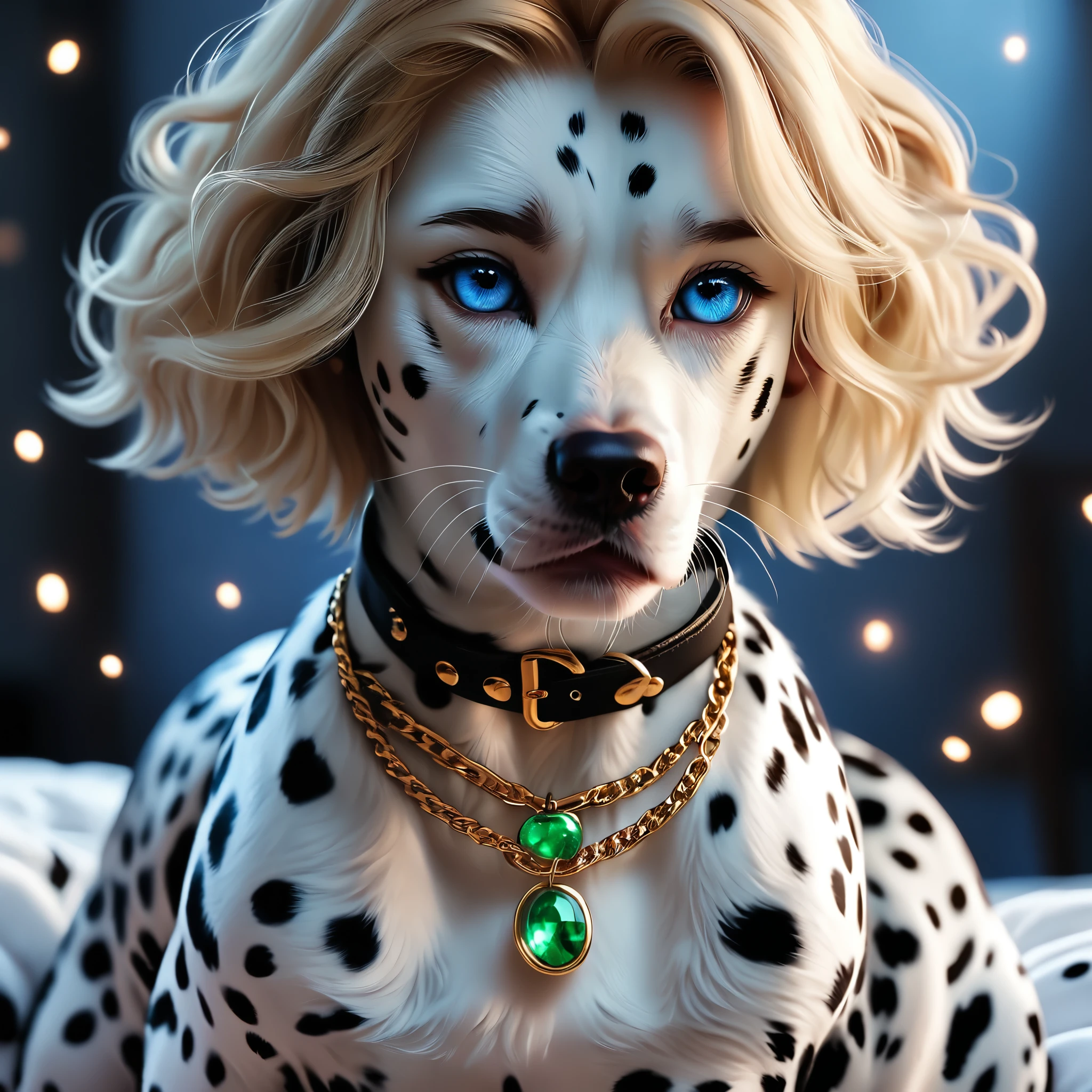 A teenager boy wearing dalmatian dogs skin printed dress, blondie short hair, 1, blue eyes like a rubi, pale skin, rose lips, a soft scar in your eyebrow, perfect color contrast. he dressed with design of dalmatian dogs like gay twink boy. his background with some kind of magic in bedroom. 8k, best quality masterpiece, he weird neck chains, head band,