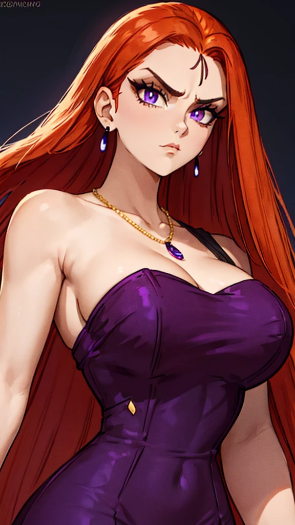 score_9,score_8_up,score_7_up,score_6_up, mikmV1.0, large eyes, long eyelashes, violet eyes, (detailed eyes), lipstick, (detailed_face:1.0), serious, frowning, round earrings, orange hair, (long hair), straight hair, necklace, large breasts, violet dress, colossal cleavage, ((shoulder-off dress:1.2)), sleeveless, smooth skin, ((simple_dark_background:1.3)), (closeup_shot:1.0), masterpiece, bestquality